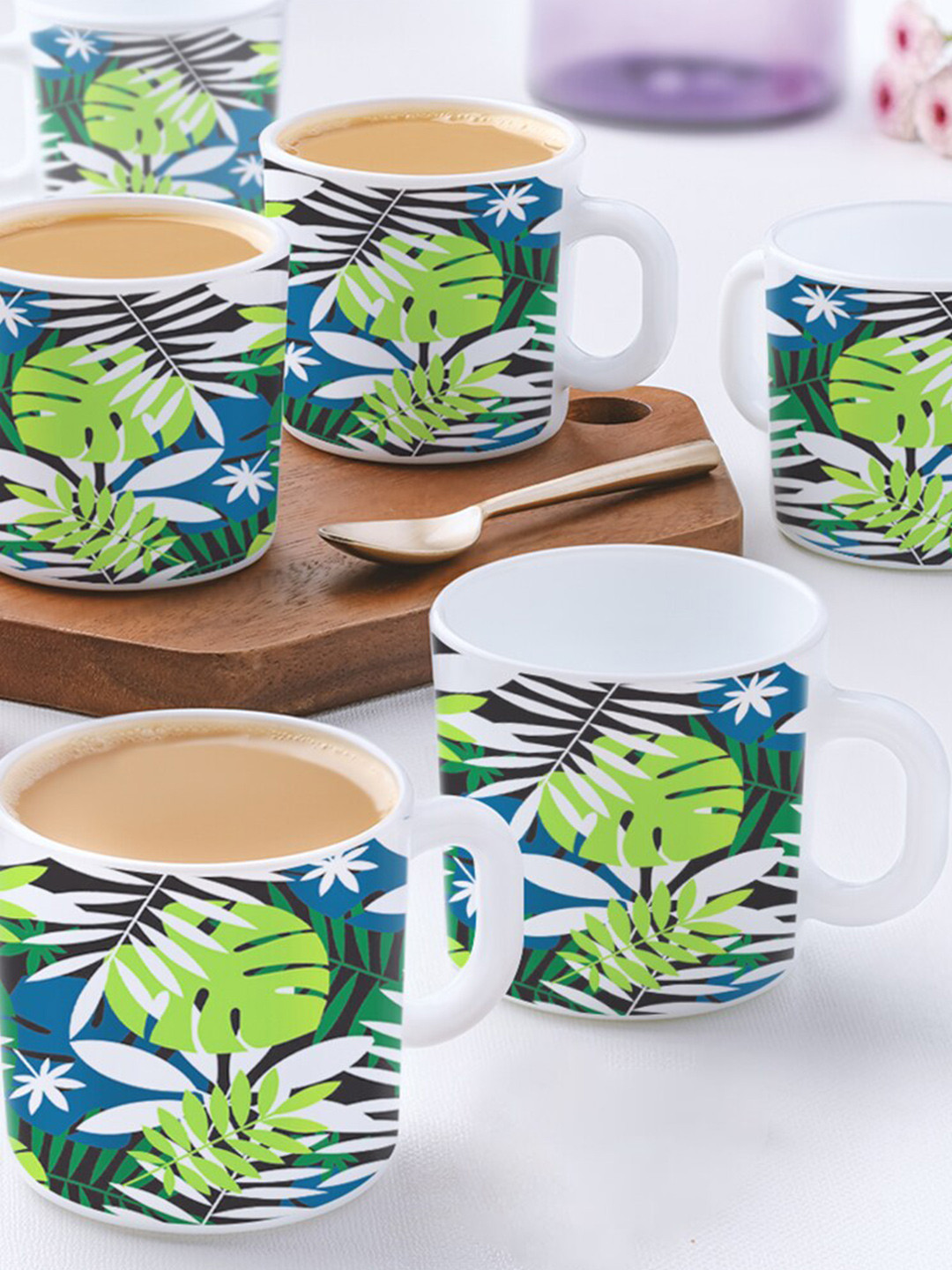 Larah by BOROSIL Forest White & Green 12 Pieces Printed Opalware Matte Mugs 180 ml Each