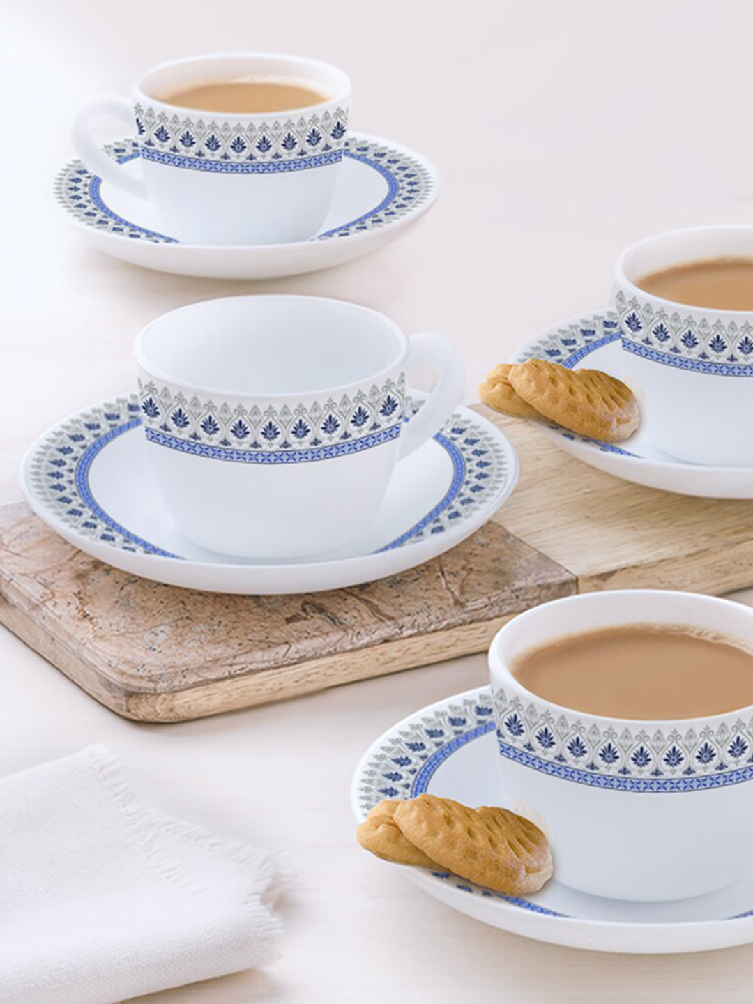 Larah by BOROSIL Ocean White & Blue 8 Pieces Printed Opalware Matte Mugs 140 ml Each