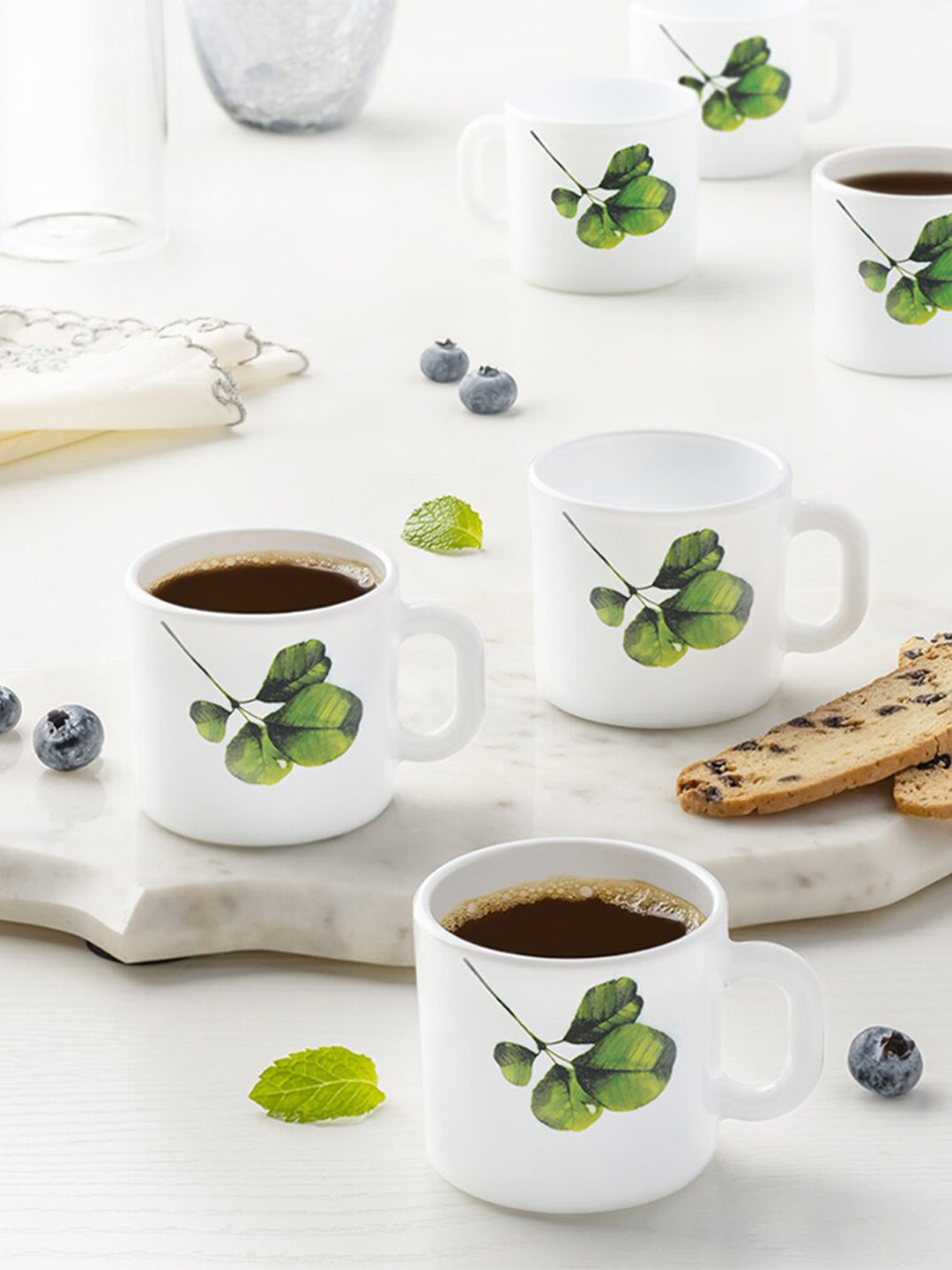 Larah by BOROSIL Priyom Name Personalised White Leaf Opalware Microwave Safe 6 Piece Mugs-100ml