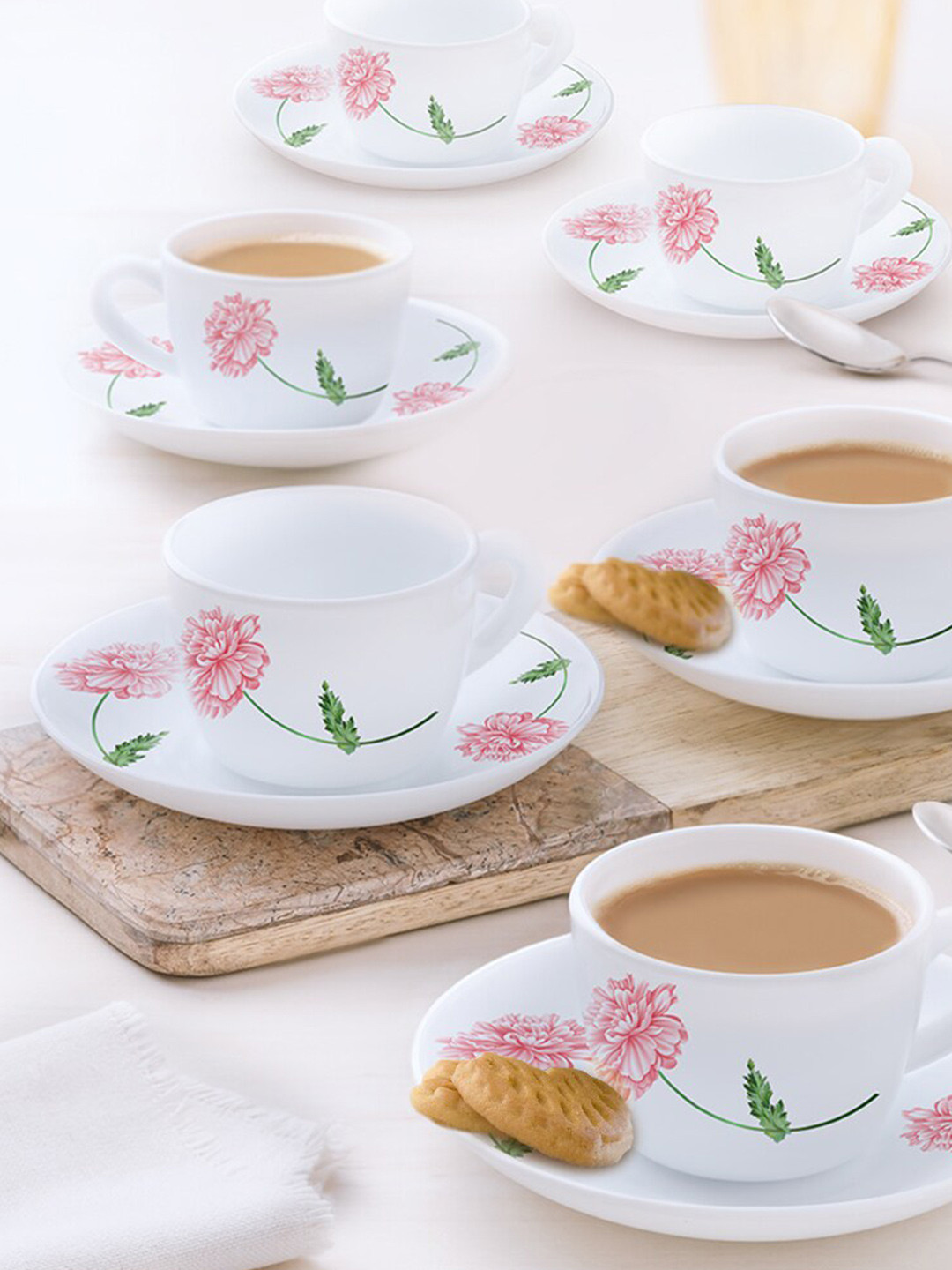 Larah by BOROSIL White & Red 12 Pieces Floral Printed Opalware Glossy Cups and Saucers
