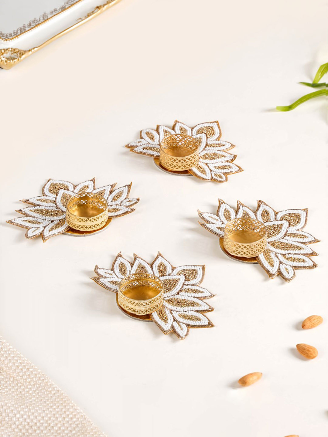 Nestasia White 4-Pieces Lotus Metal Tealight Candle Holders