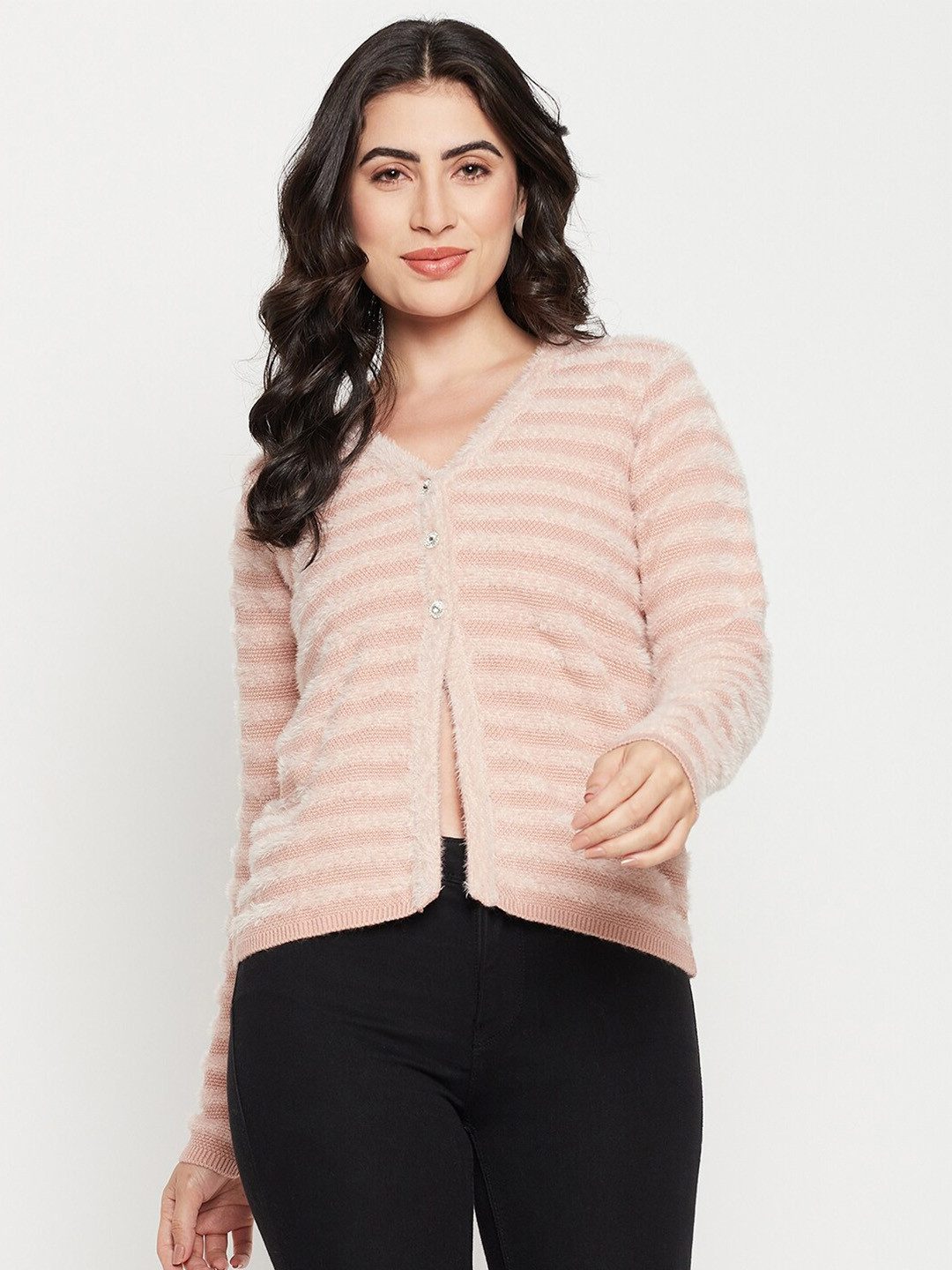 Madame Striped V-Neck Long Sleeve Acrylic Cardigan Sweaters