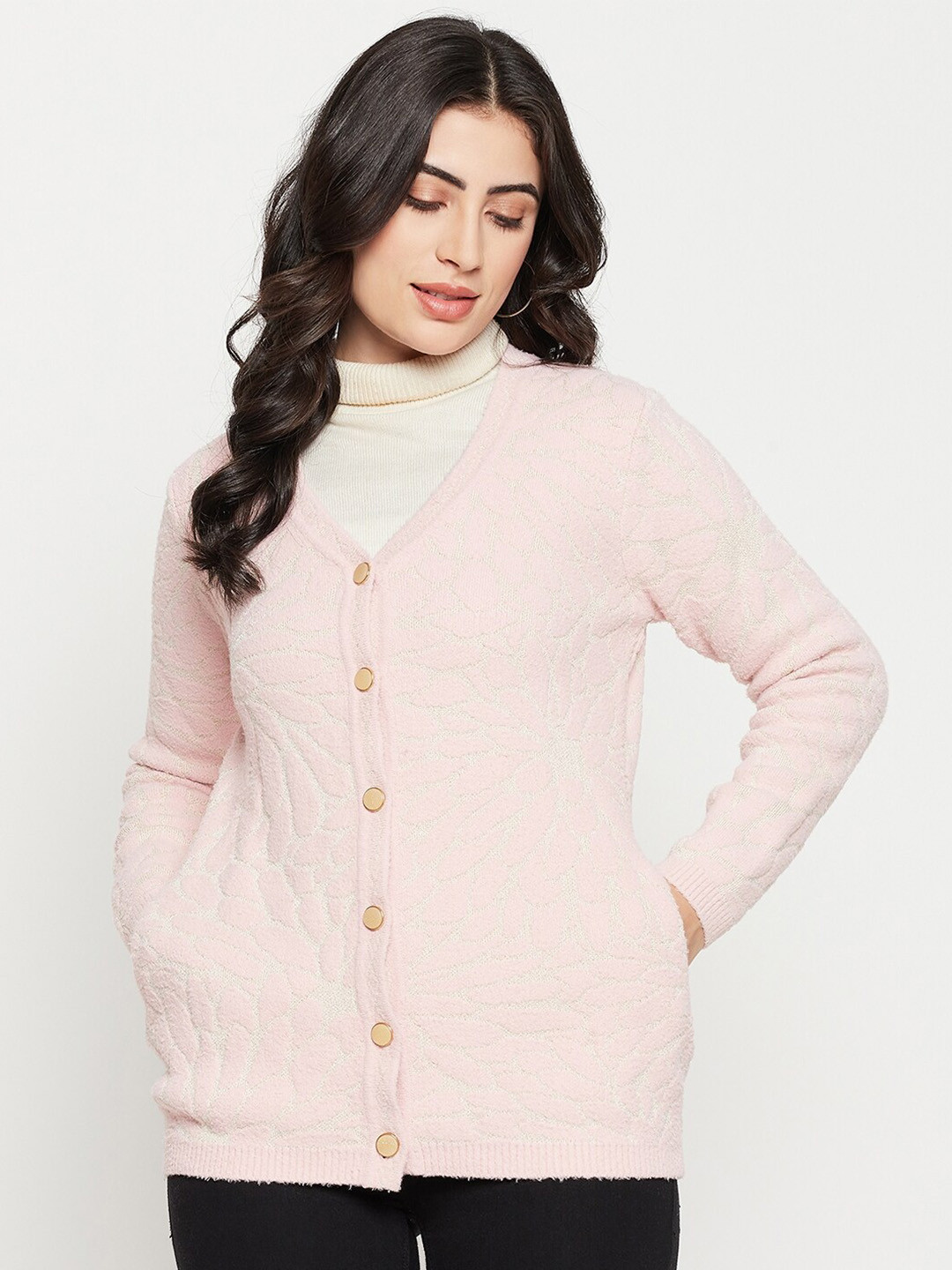 Madame Floral Self Design Acrylic Cardigan Sweater