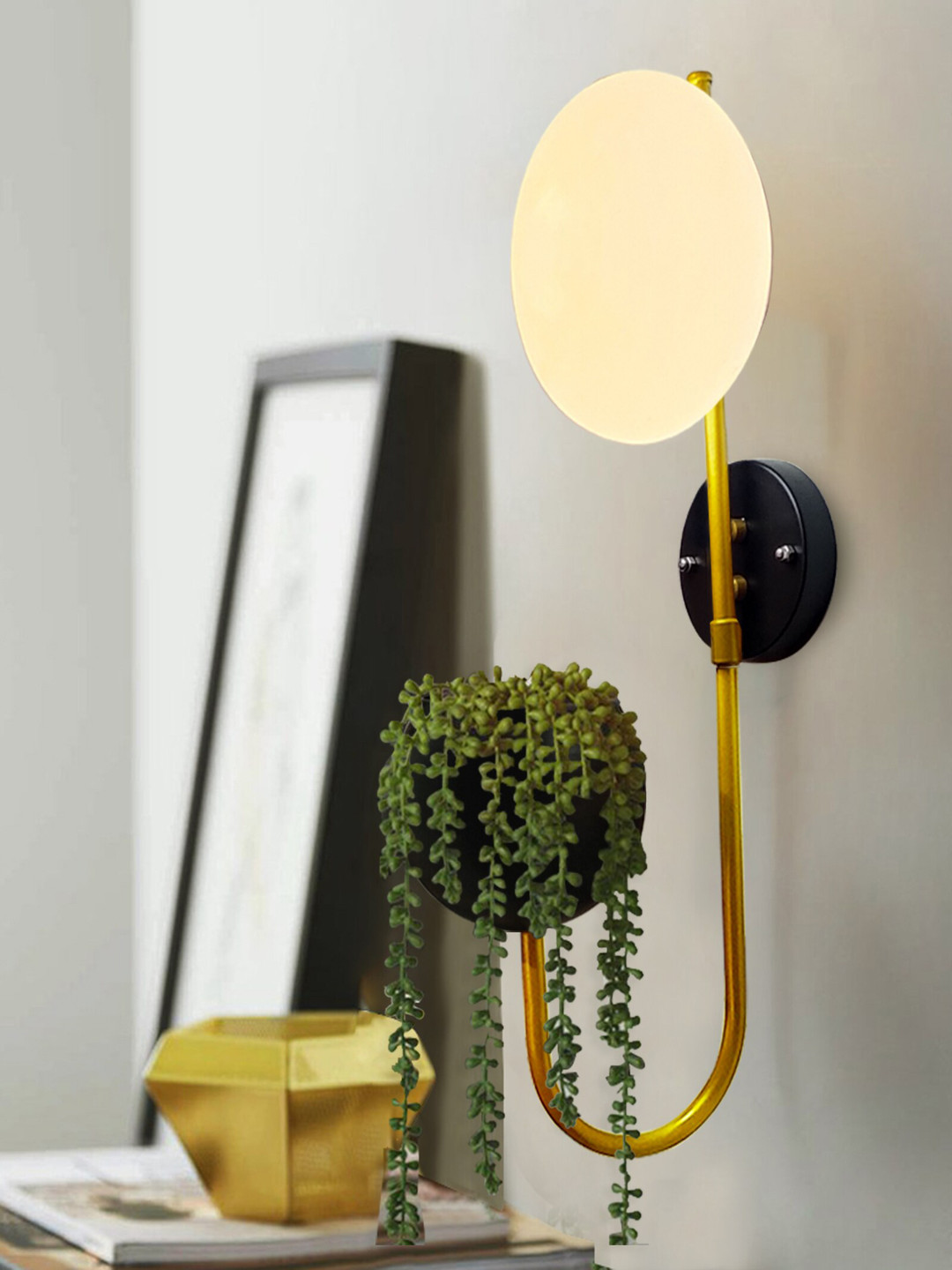 Homesake White & Black Metal Wall Lamp With Storage Planter