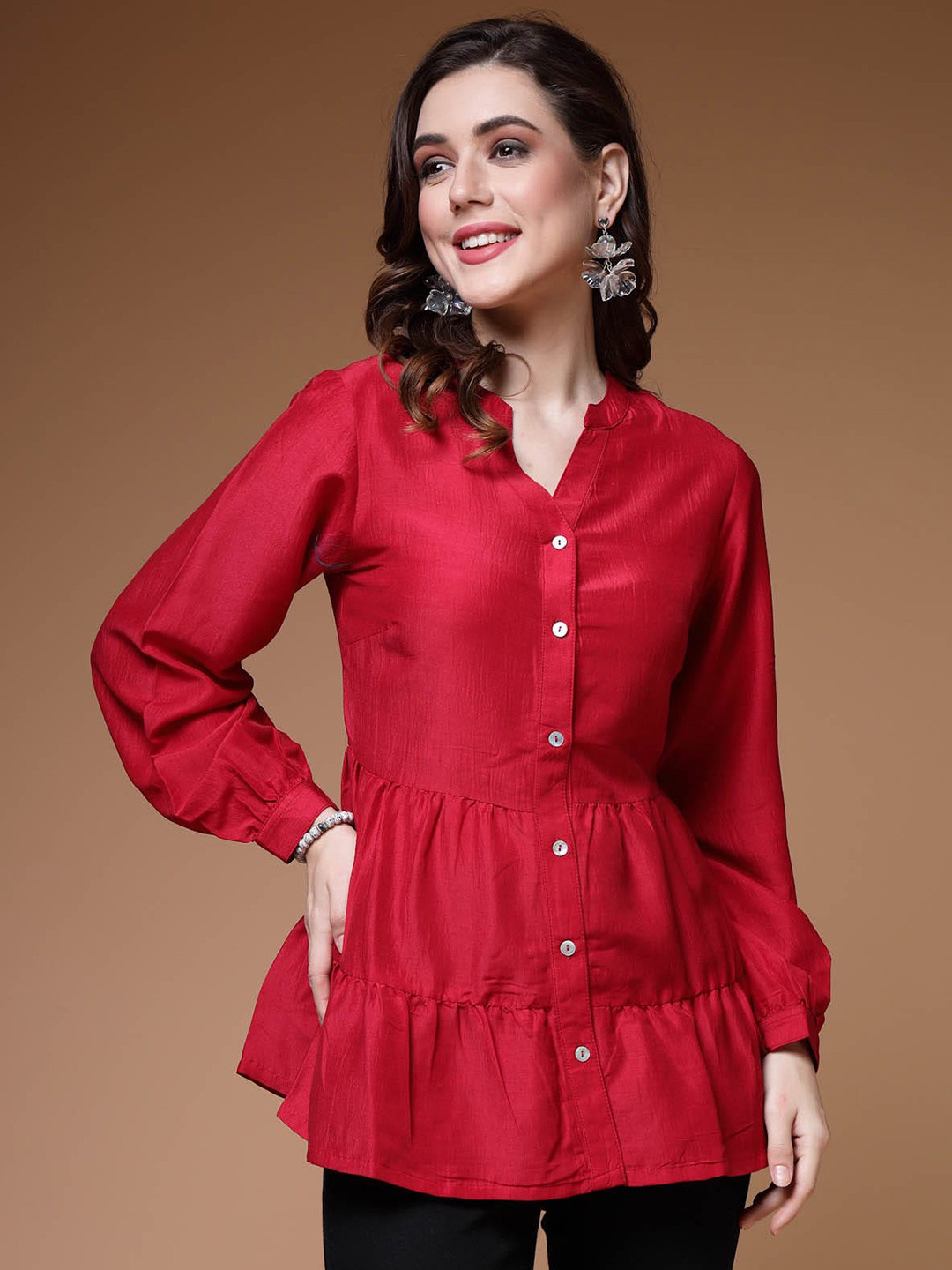 Red V-Neck Peplum Top with Long Sleeves