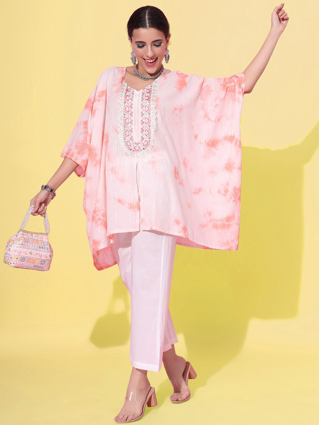 JAIPUR PRIME Dyed Thread Work Regular Pure Cotton Kaftan Kurta With Trousers