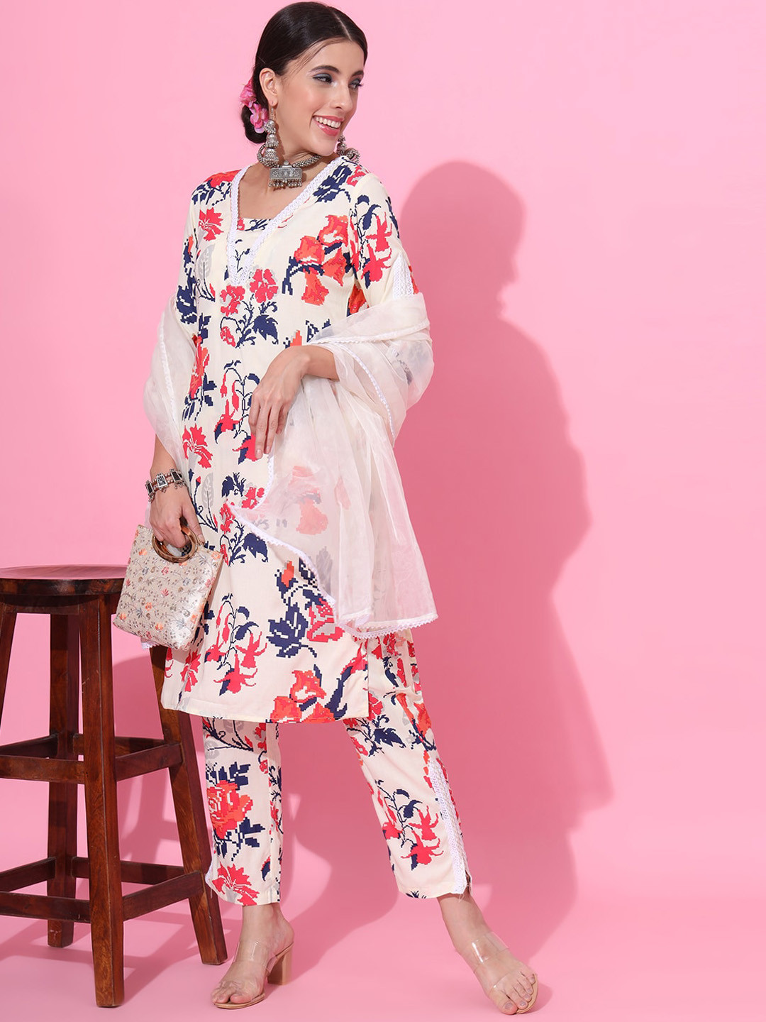 JAIPUR PRIME Floral Printed Regular Kurta with Trousers & With Dupatta