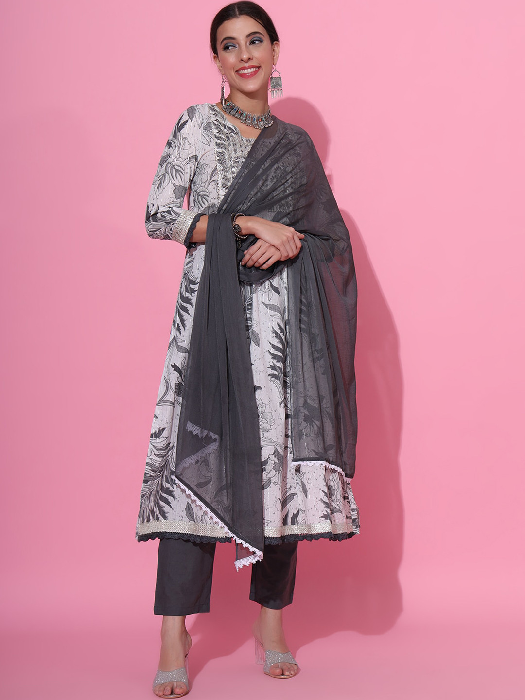 JAIPUR PRIME Floral Printed Thread Work A-Line Kurta with Trousers & With Dupatta
