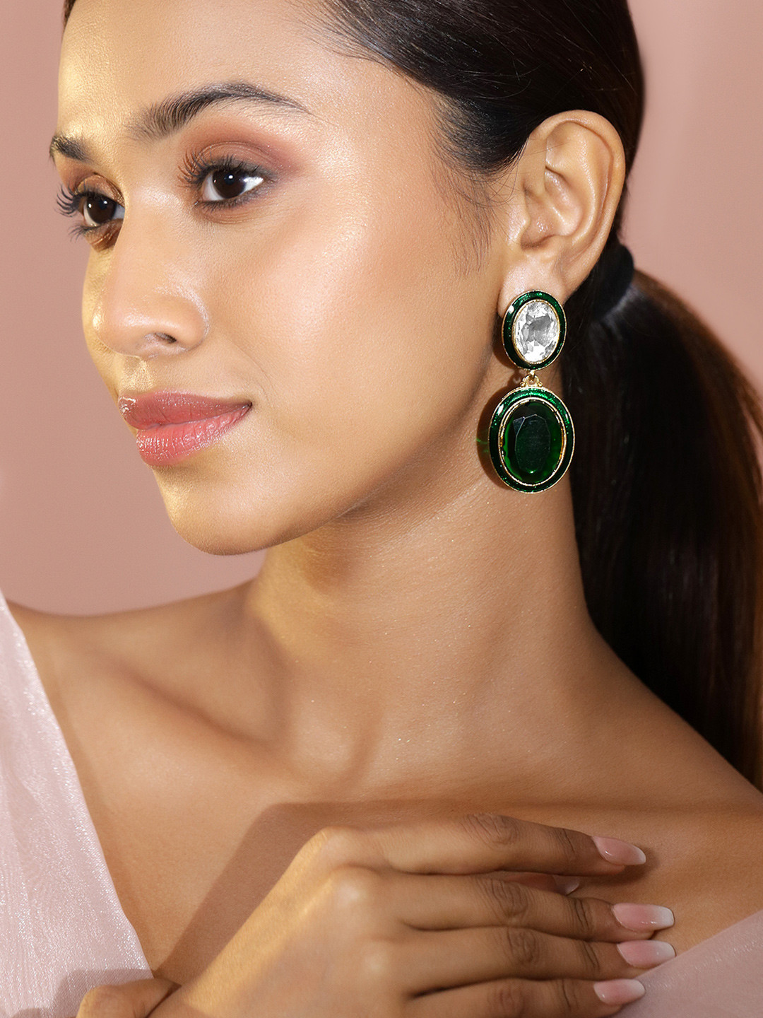 Rubans 22K Gold Plated Crystal Emerald & White Zirconia Studded Premium Drop Earrings
