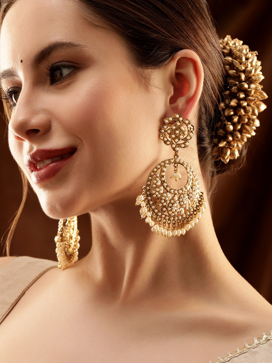 Rubans 22K Gold Plated Handcrafted Pearl Beads Traditional Big Chandbali Earrings