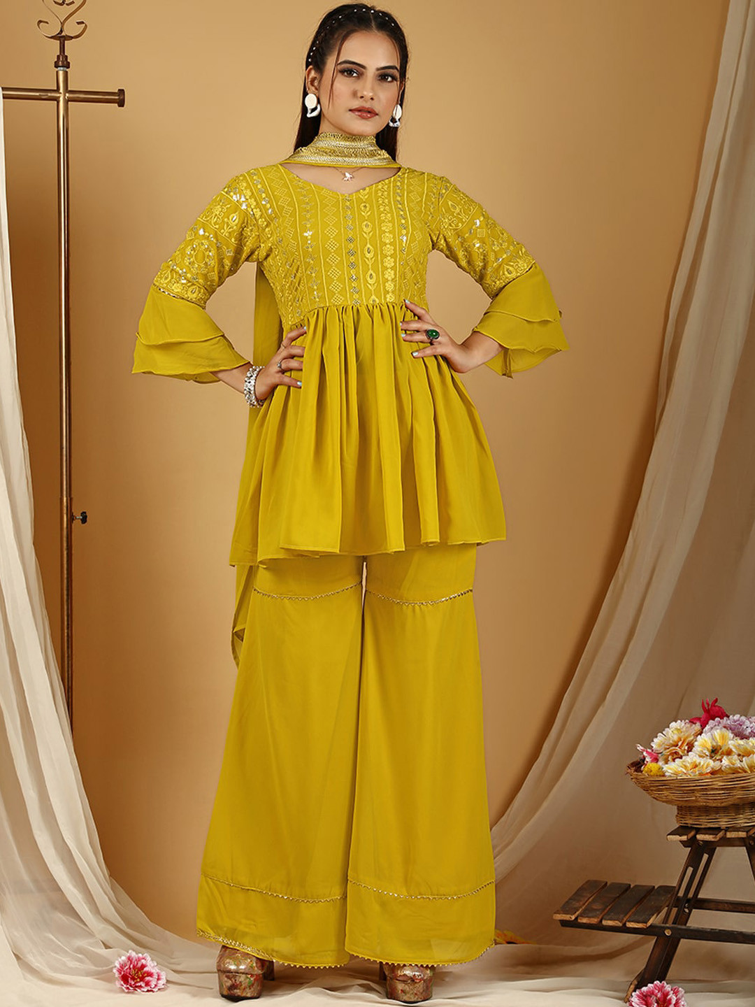 KALINI Embroidered Regular Sequinned Kurti with Sharara & Dupatta