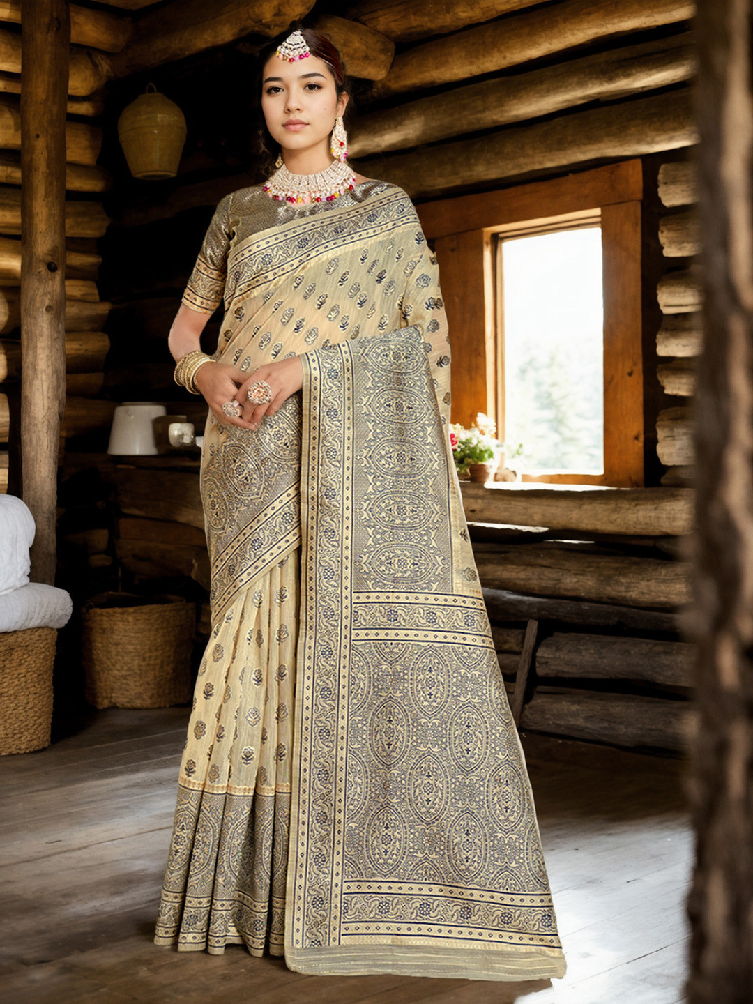 Anouk Rustic  Cream Colour & Blue Ethnic Motifs Linen Blend Saree