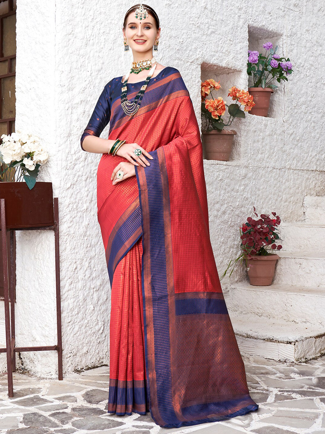Anouk Orange-Coloured & Blue Checked Woven Design Zari Banarasi Saree