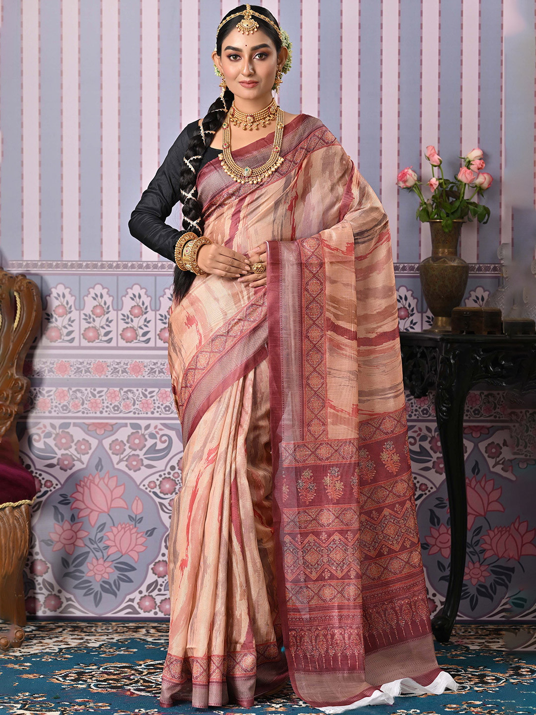 Anouk Rustic Cream-Coloured Abstract Printed Khadi Saree