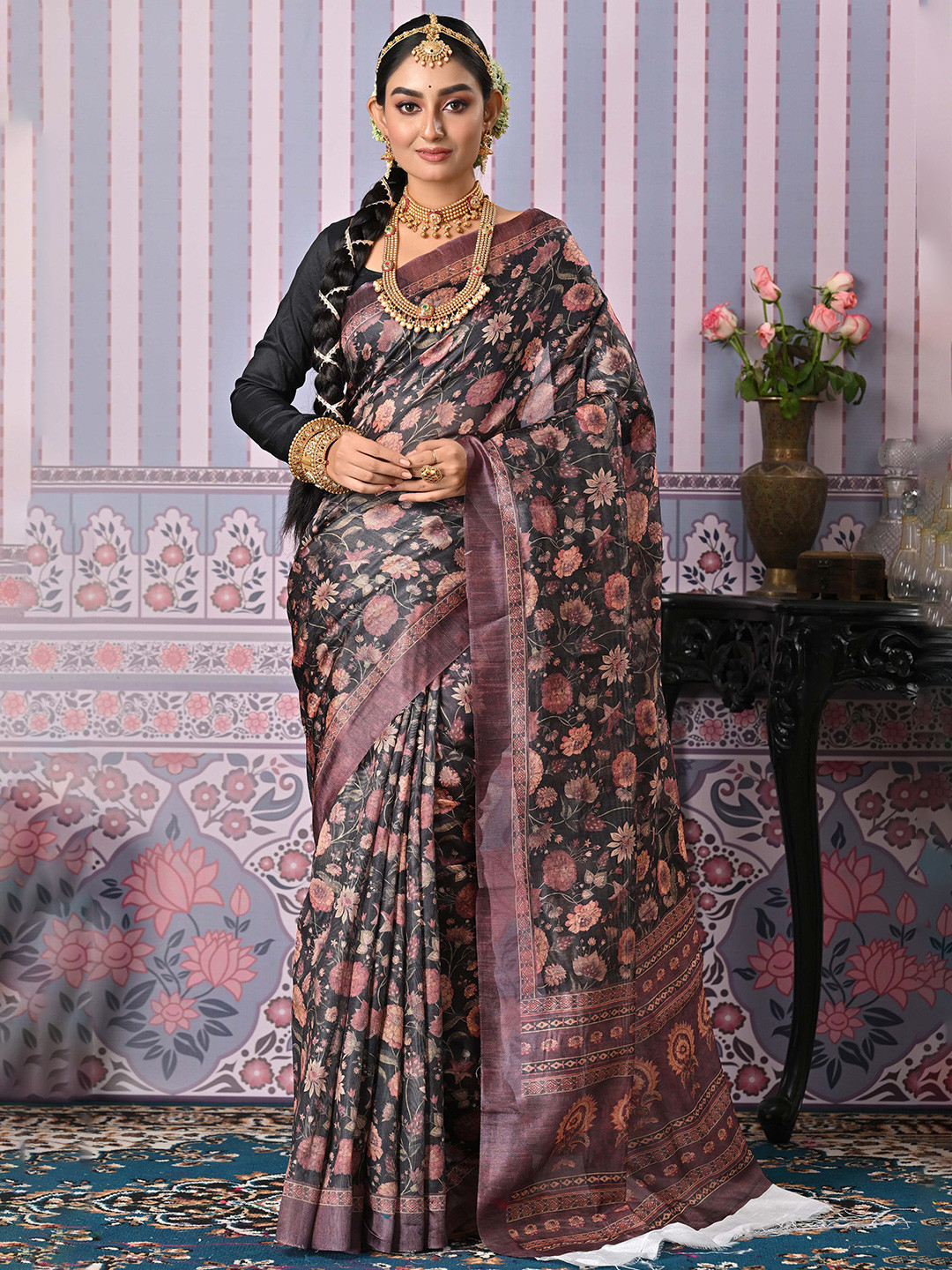 Anouk Rustic Black Floral Printed Polyester Saree