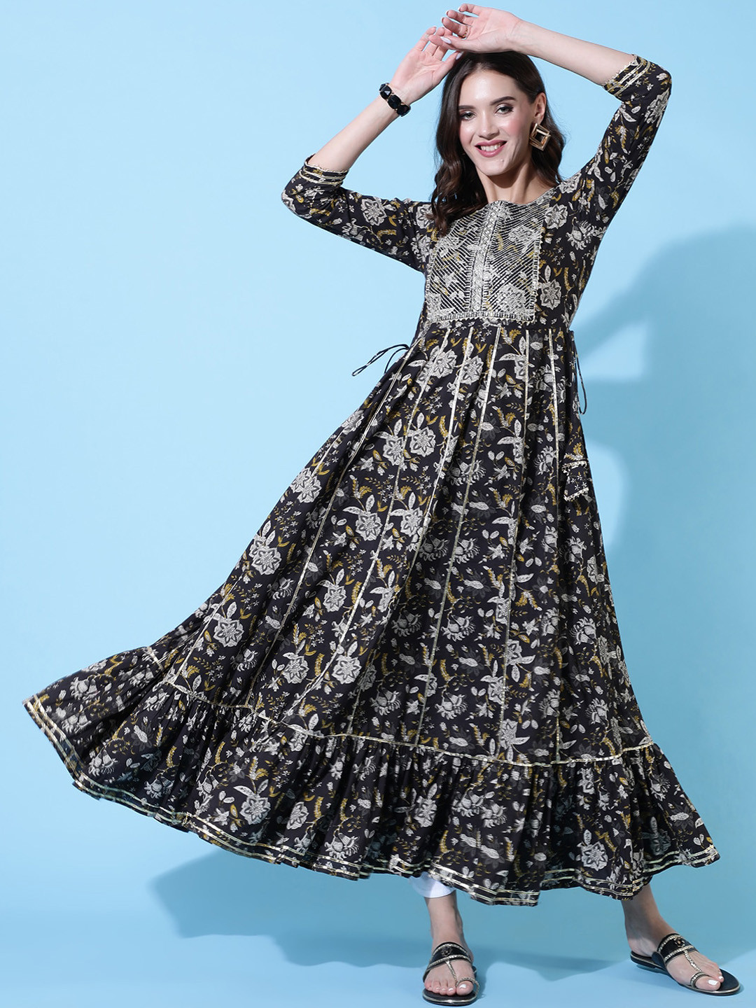 GLAM ROOTS Floral Printed Sequinned Panelled Anarkali Kurta