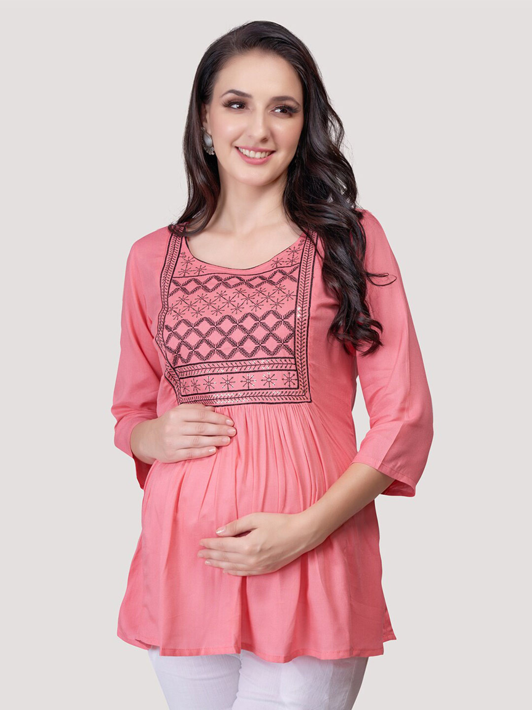 Mom For Sure by Ketki Dalal Floral Embroidered Thread Work A-Line Maternity Kurti
