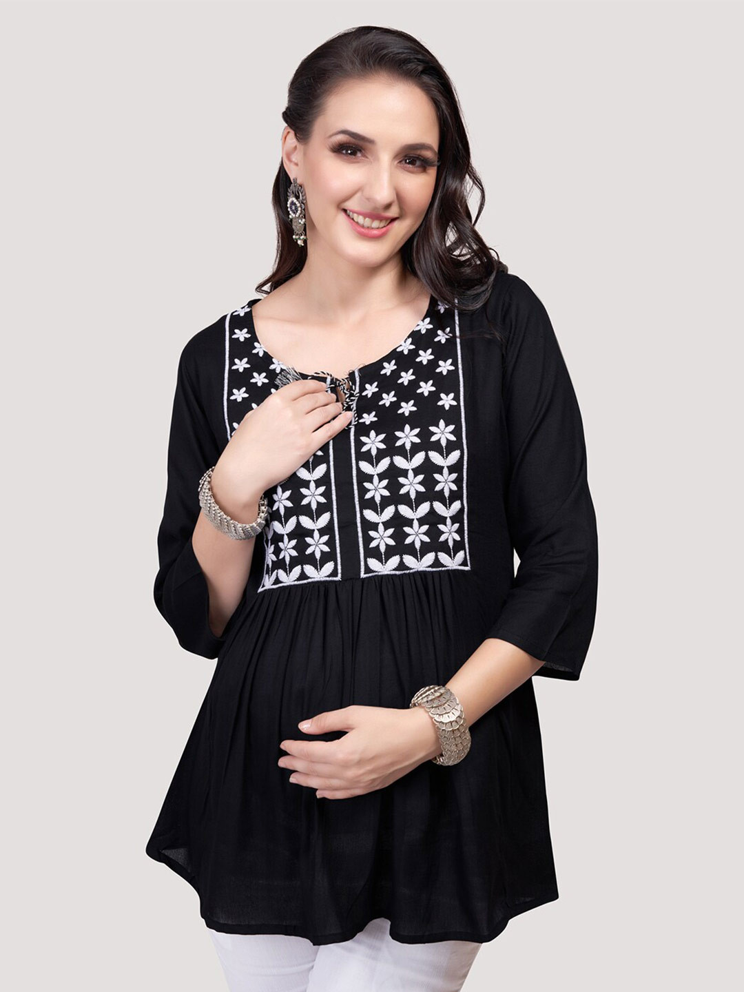 Mom For Sure by Ketki Dalal Floral Embroidered Tie-Up Neck A-Line Maternity Kurti
