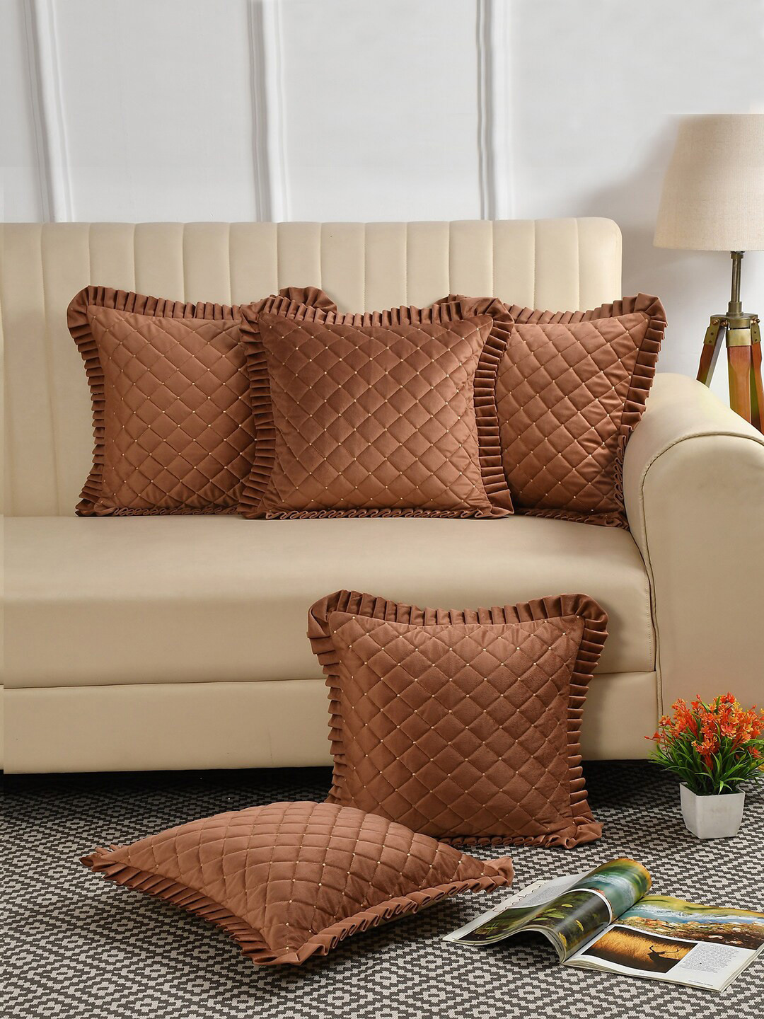 HOSTA HOMES Rust & Cream-Coloured 5-Pieces Checked Velvet Square Cushion Covers