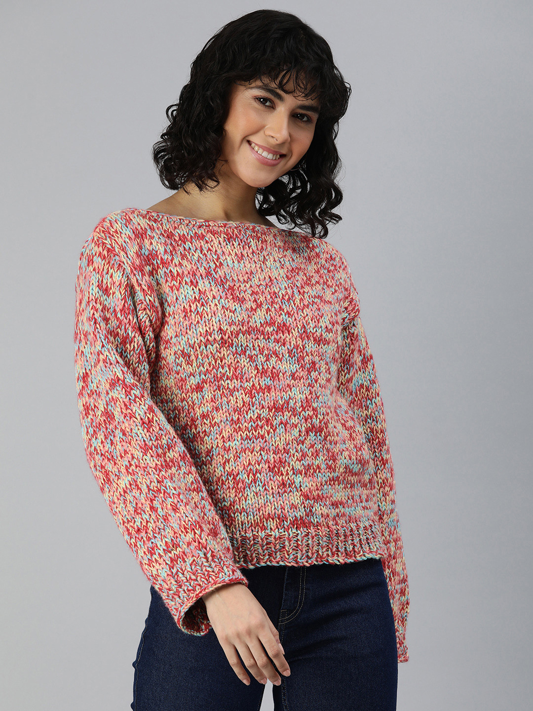 Magic Needles Abstract Self Design Boat Neck Acrylic Pullover