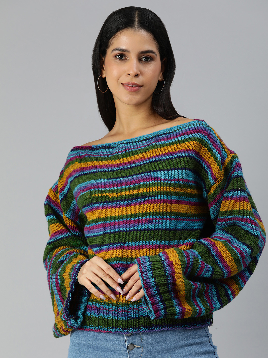 Magic Needles Abstract Self Design Boat Neck Acrylic Pullover