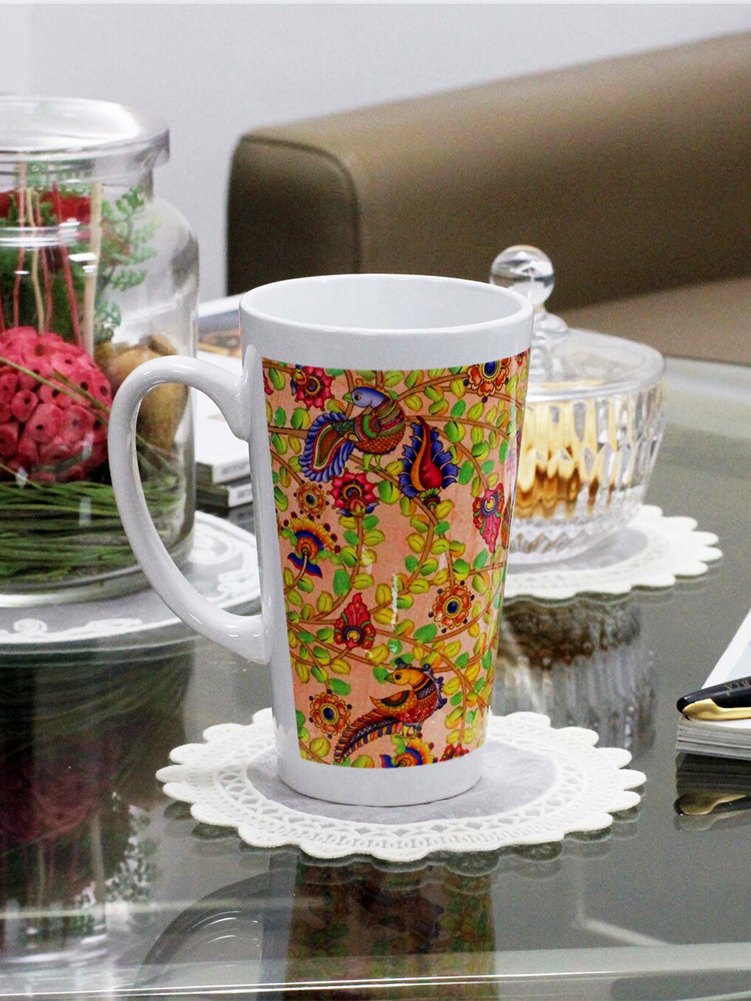 KOLOROBIA Kiyansh Name Personalised White Ethnic Motifs Ceramic Microwave Safe Mug-425ml