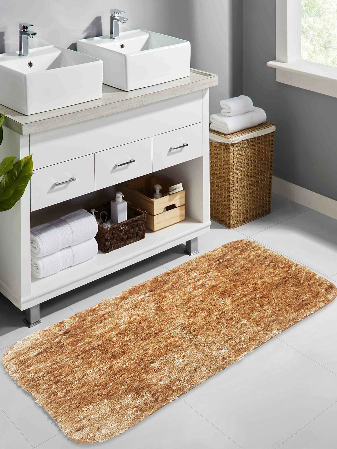 LUXEHOME INTERNATIONAL Hawaii Mustard Yellow Self-Designed Anti-Skid Microfiber Bath Rug