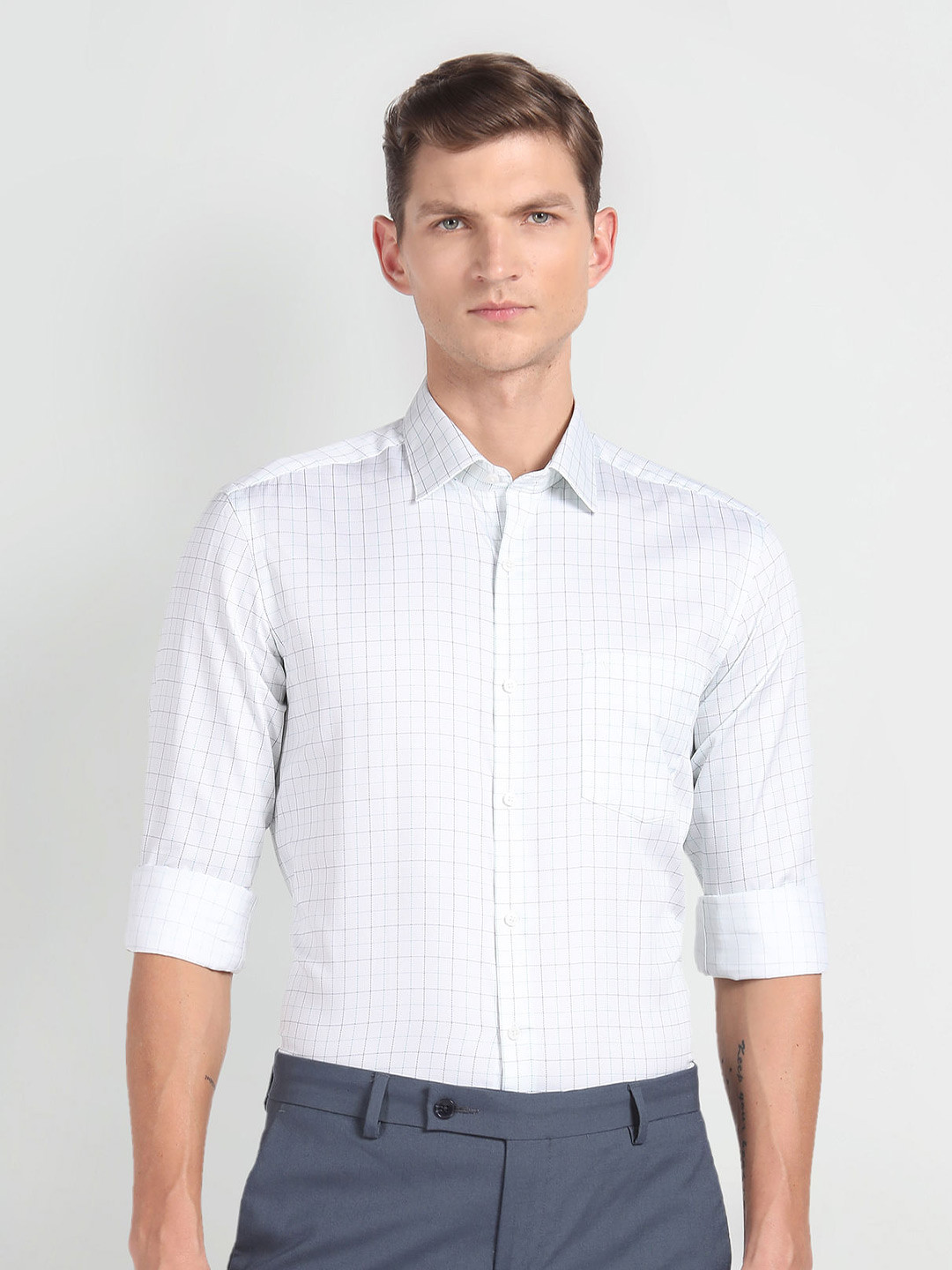 Arrow Slim Fit Grid Tattersall Checked  Twill Weave Pure Cotton Formal Shirt