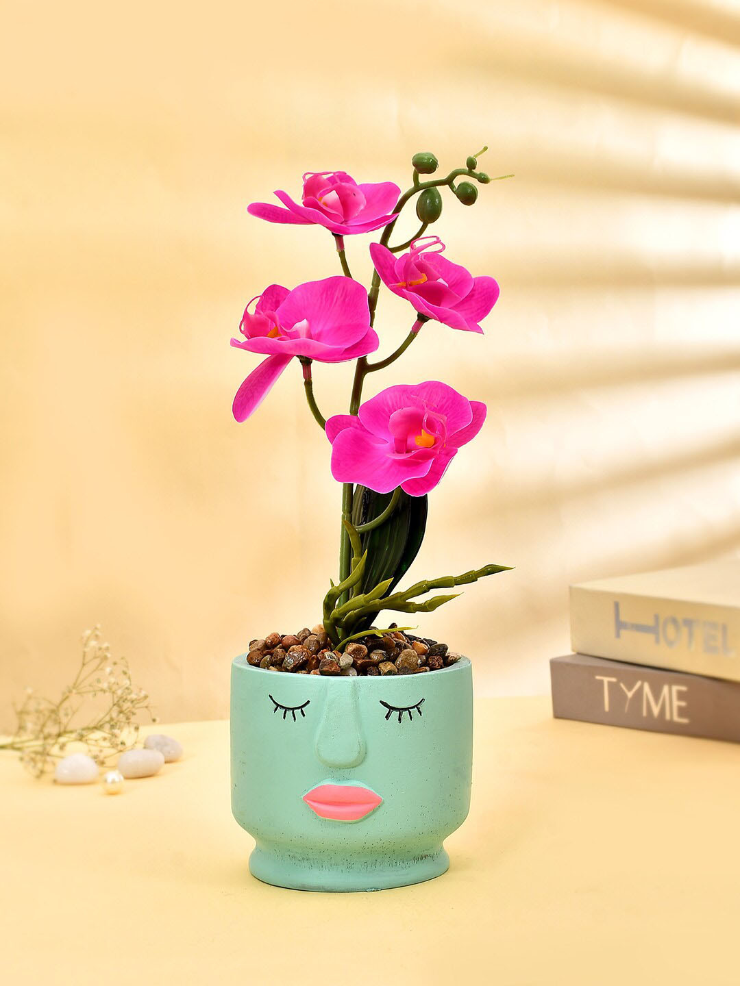 TAYHAA Green & Pink Orchids Artificial Flower With Ceramic Pot