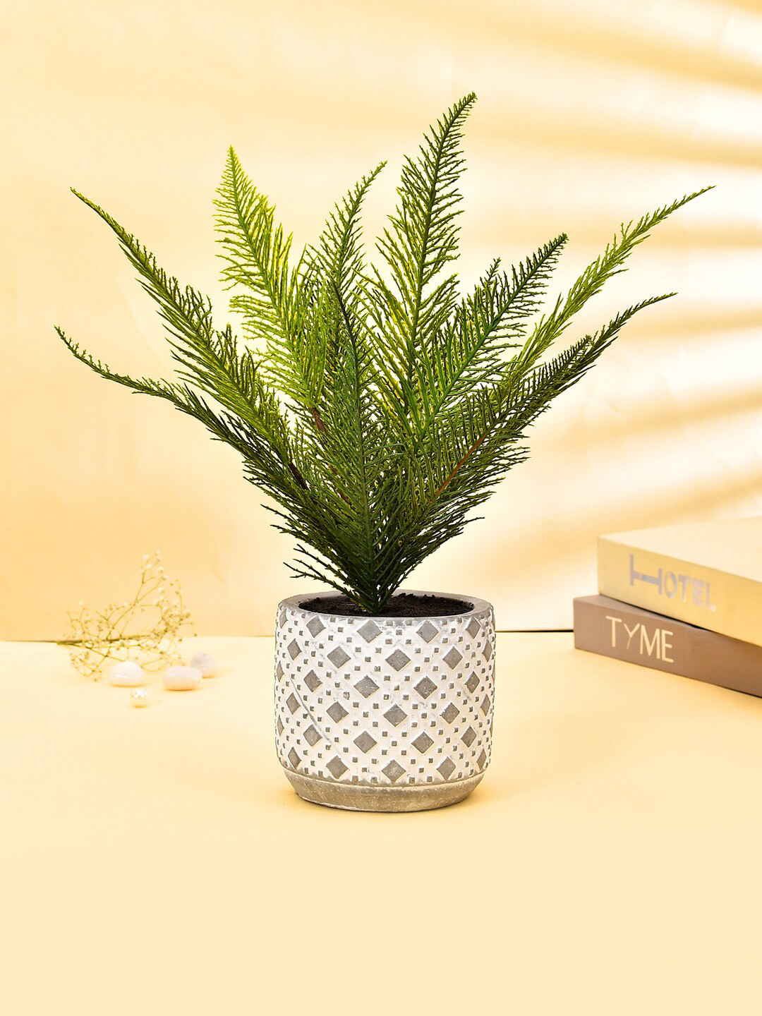 TAYHAA Grey & Green Fern With Ceramic Diamond Patterned Pot
