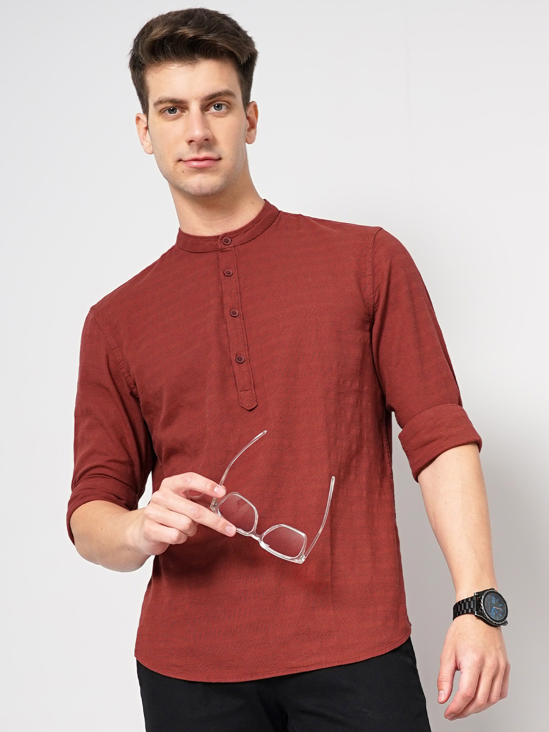 Celio Classic Horizontal Striped Band Collar Long Sleeves Cotton Casual Shirt