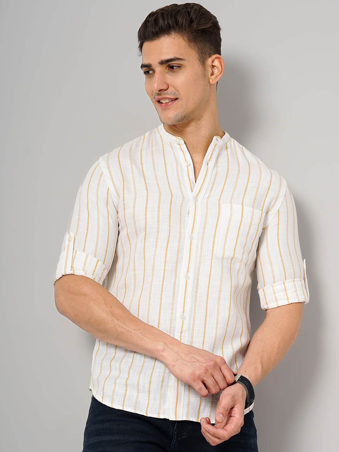 Celio Classic Slim Fit Striped Roll-Up Band Collar Sleeves Cotton Linen Casual Shirt