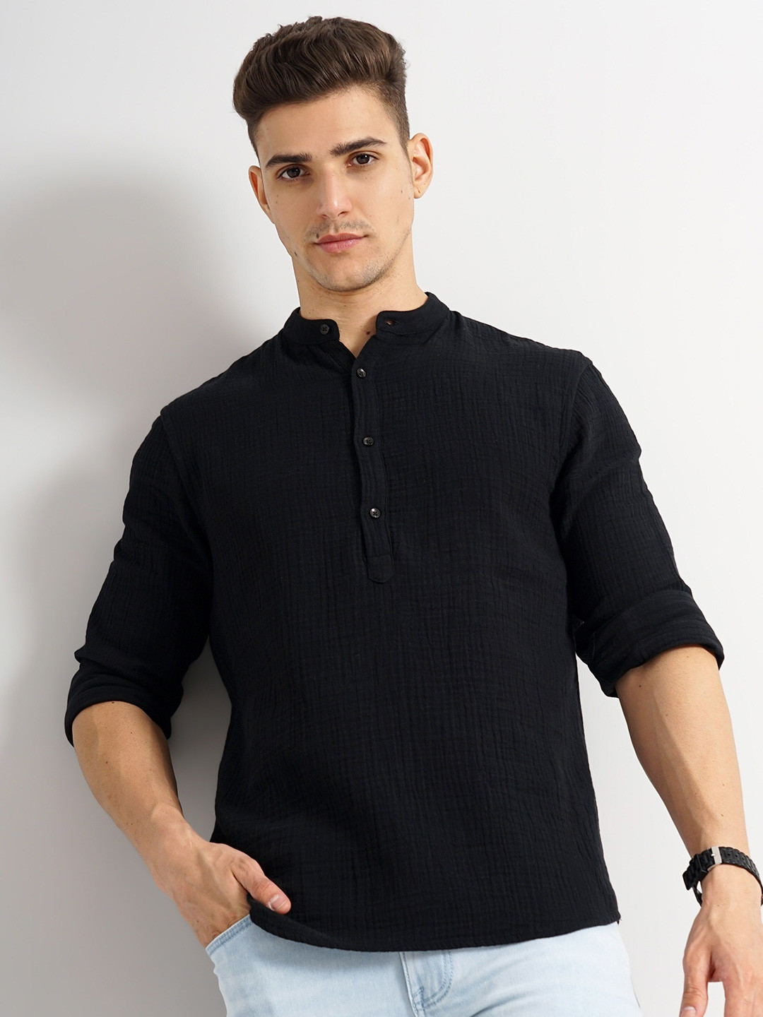 Celio Band Collar Classic Regular Fit Opaque Cotton Casual Shirt