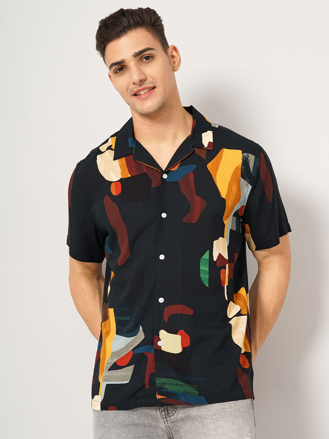 Celio Abstract Printed Straight Regular Fit Opaque Cotton Casual Shirt
