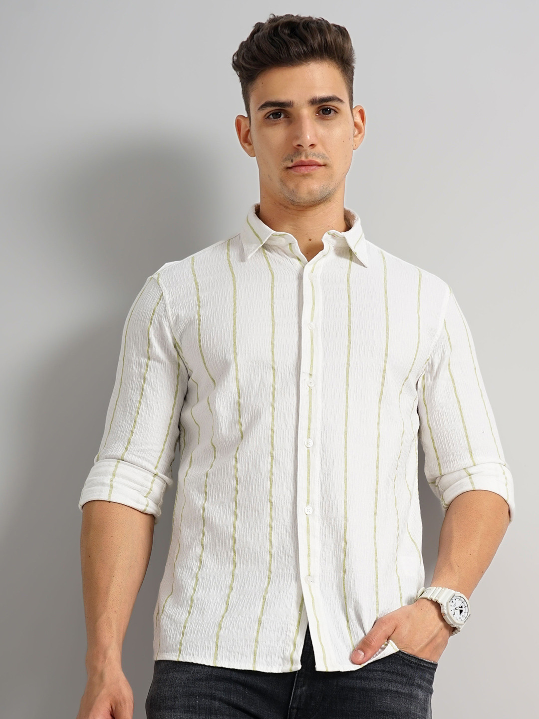 Celio Vertical Striped Classic Regular Fit Opaque Cotton Casual Shirt