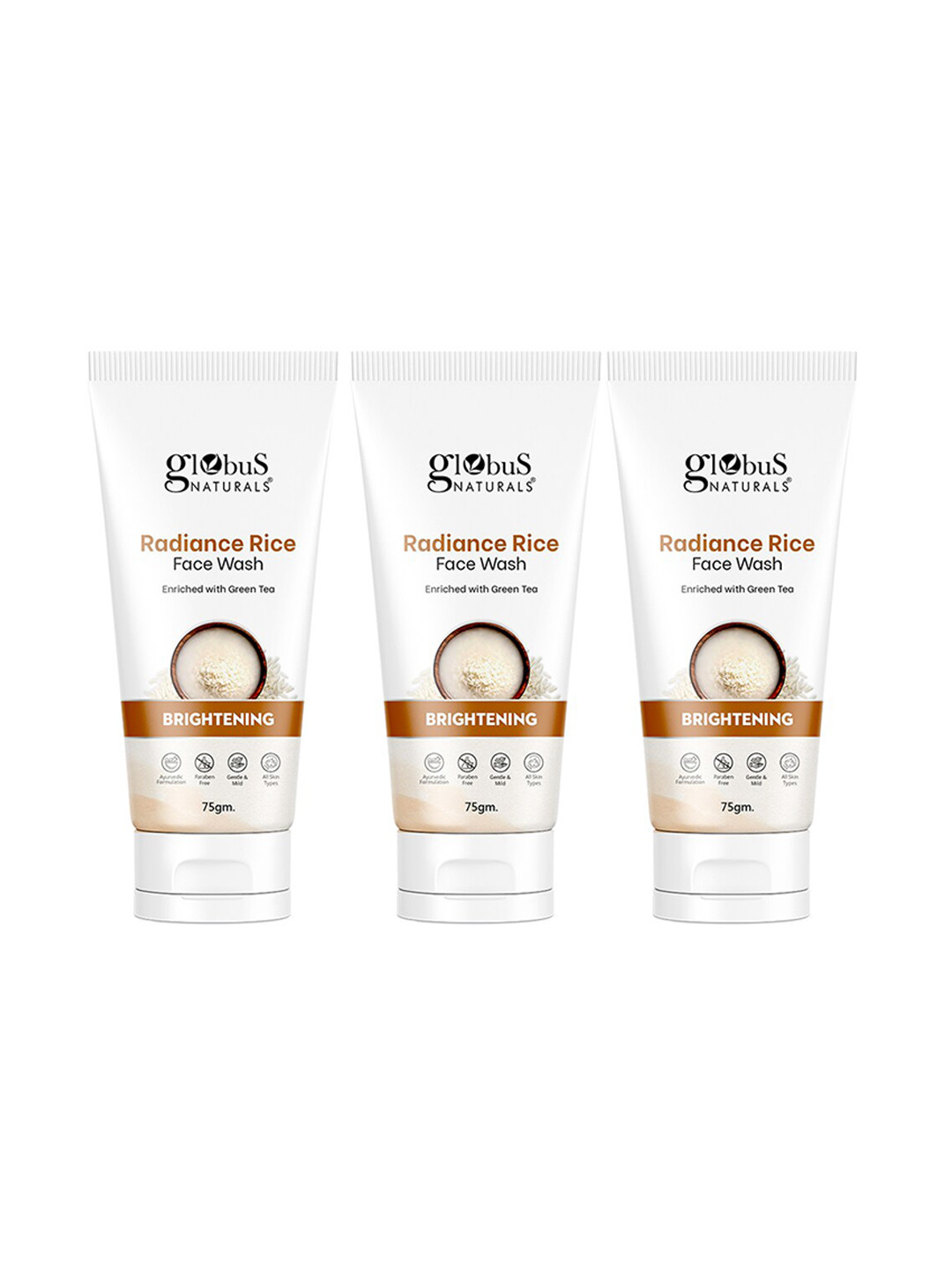 Globus naturals Set of 3 Radiance Rice Face Wash with Green Tea for Brightening-75 g Each