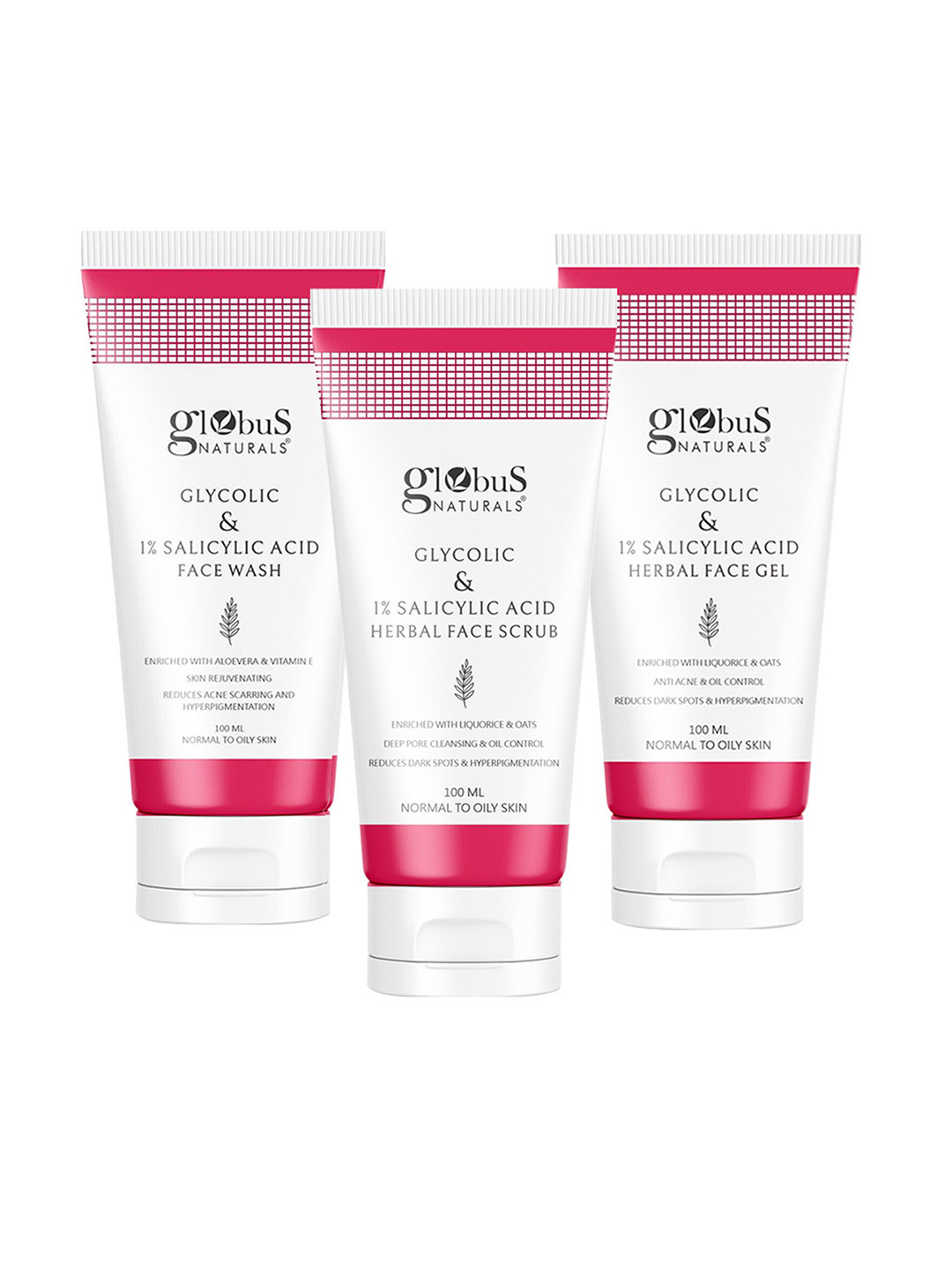 Globus naturals Glycolic & 1% Salicylic Acid Face Wash + Face Scrub + Face Gel- 100ml Each