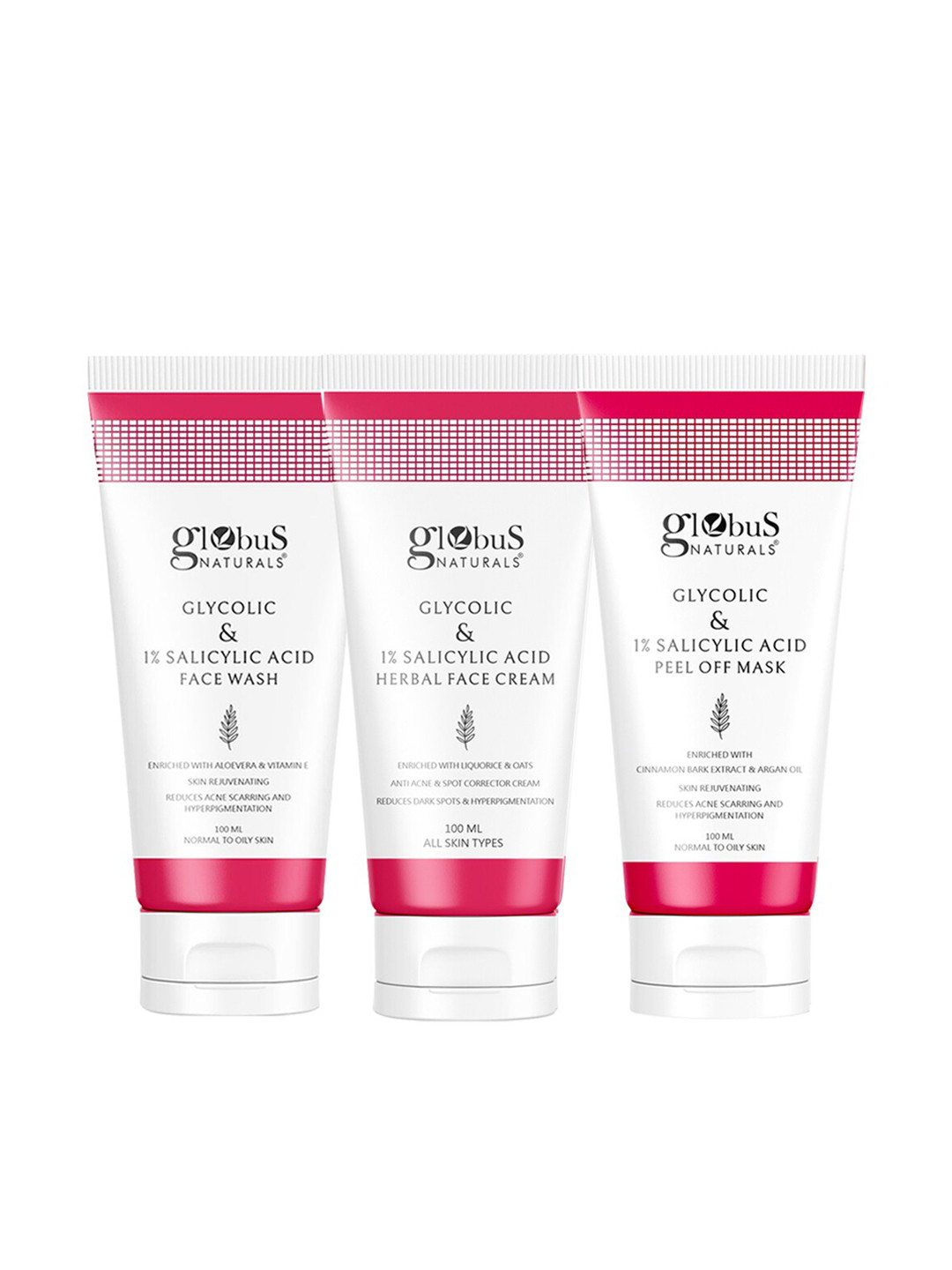 Globus naturals Set of Salicylic Acid Face Wash + Face Cream + Peel Off Mask
