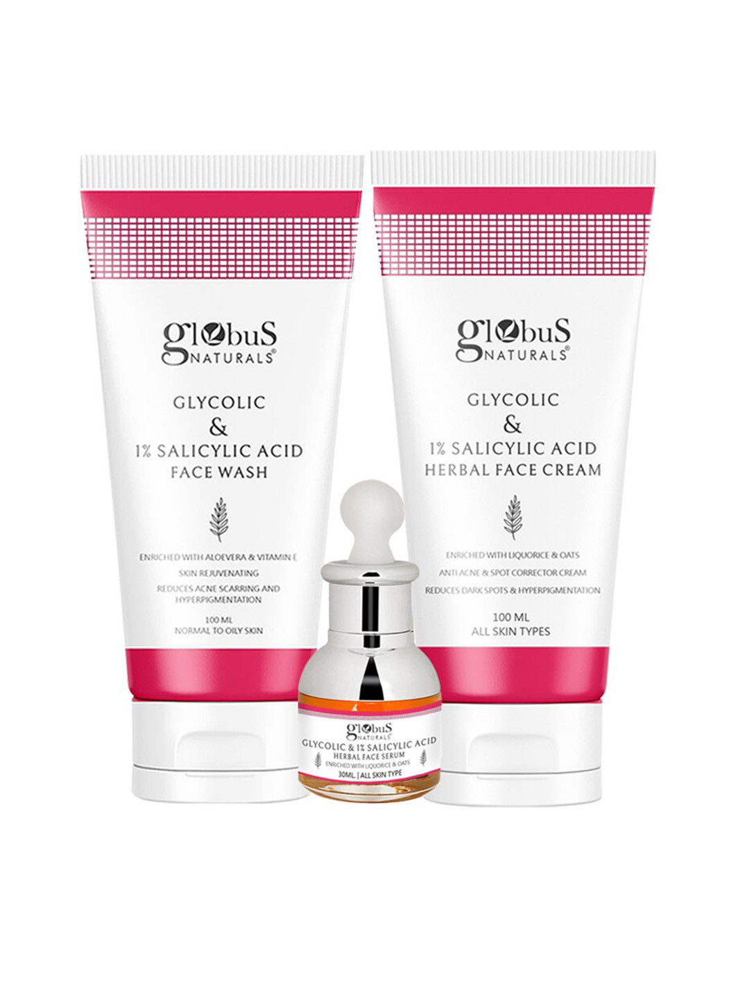 Globus naturals Set of Salicylic Acid Face Wash 100ml + Face Cream 100ml + Serum 30ml