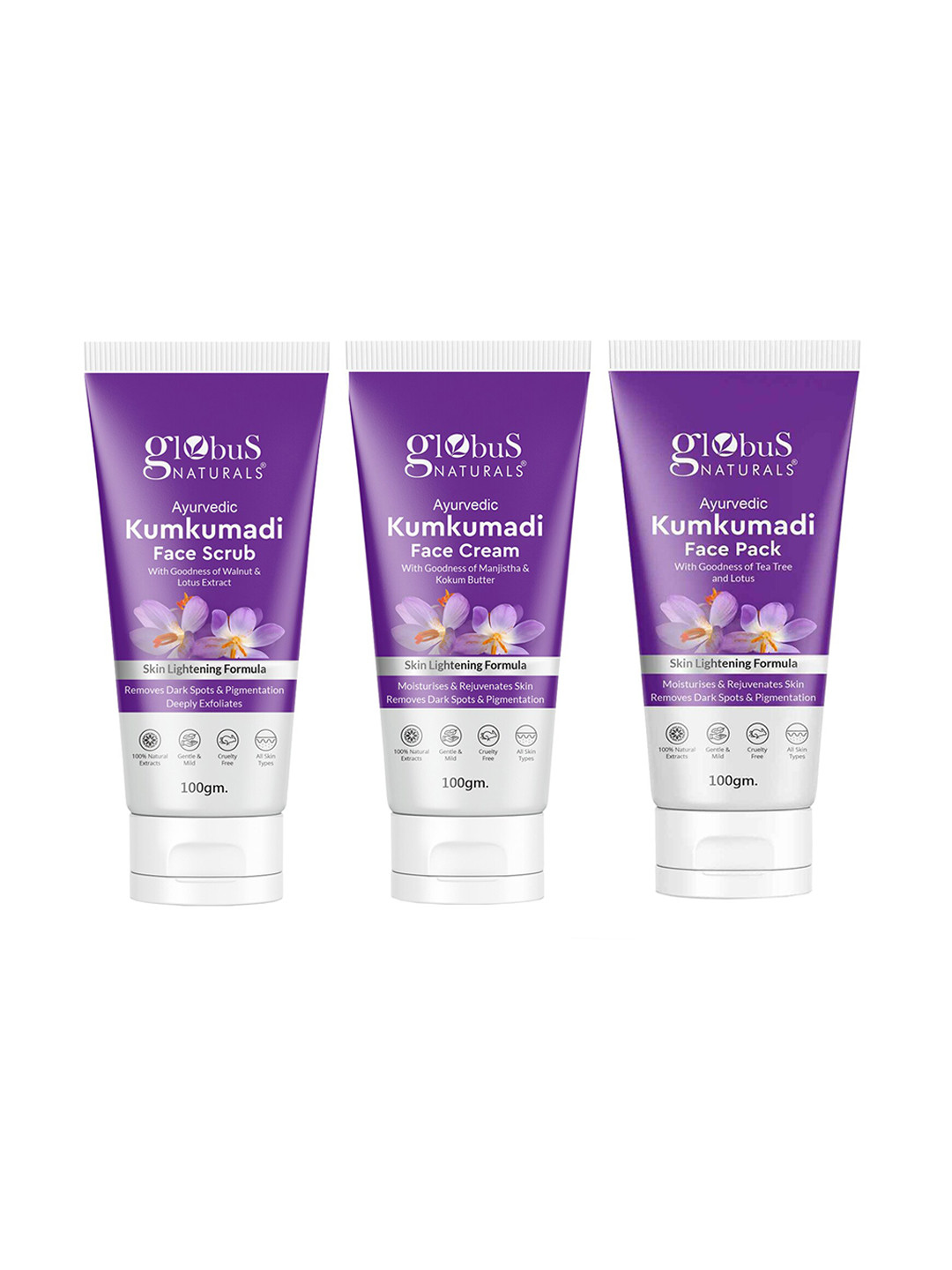 Globus naturals Set of Ayurvedic Kumkumadi Face Scrub + Face Pack + Face Cream - 100g each