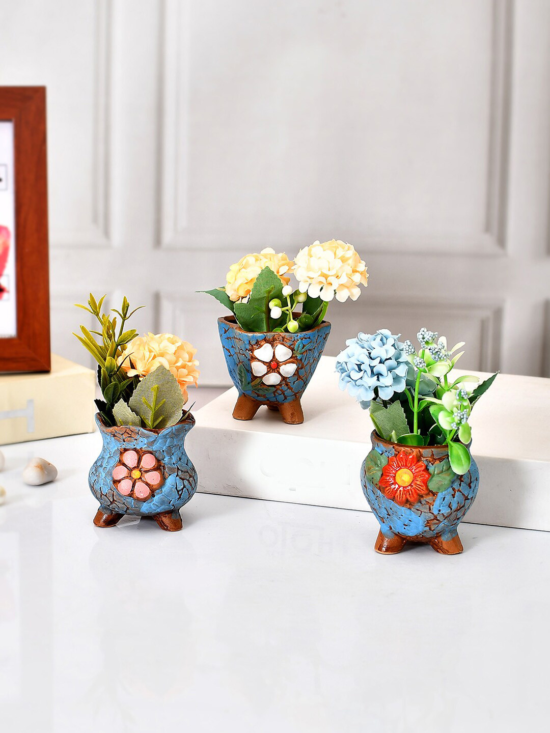TAYHAA Blue & Brown 3 Pieces Enamel Painted Flower Design Ceramic Planters