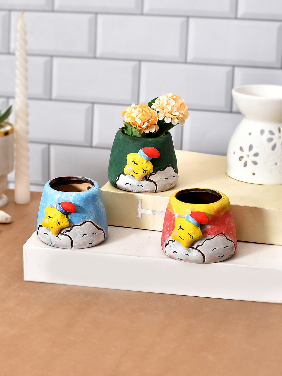 TAYHAA Yellow & Green 3 Pieces Printed Ceramic Planters