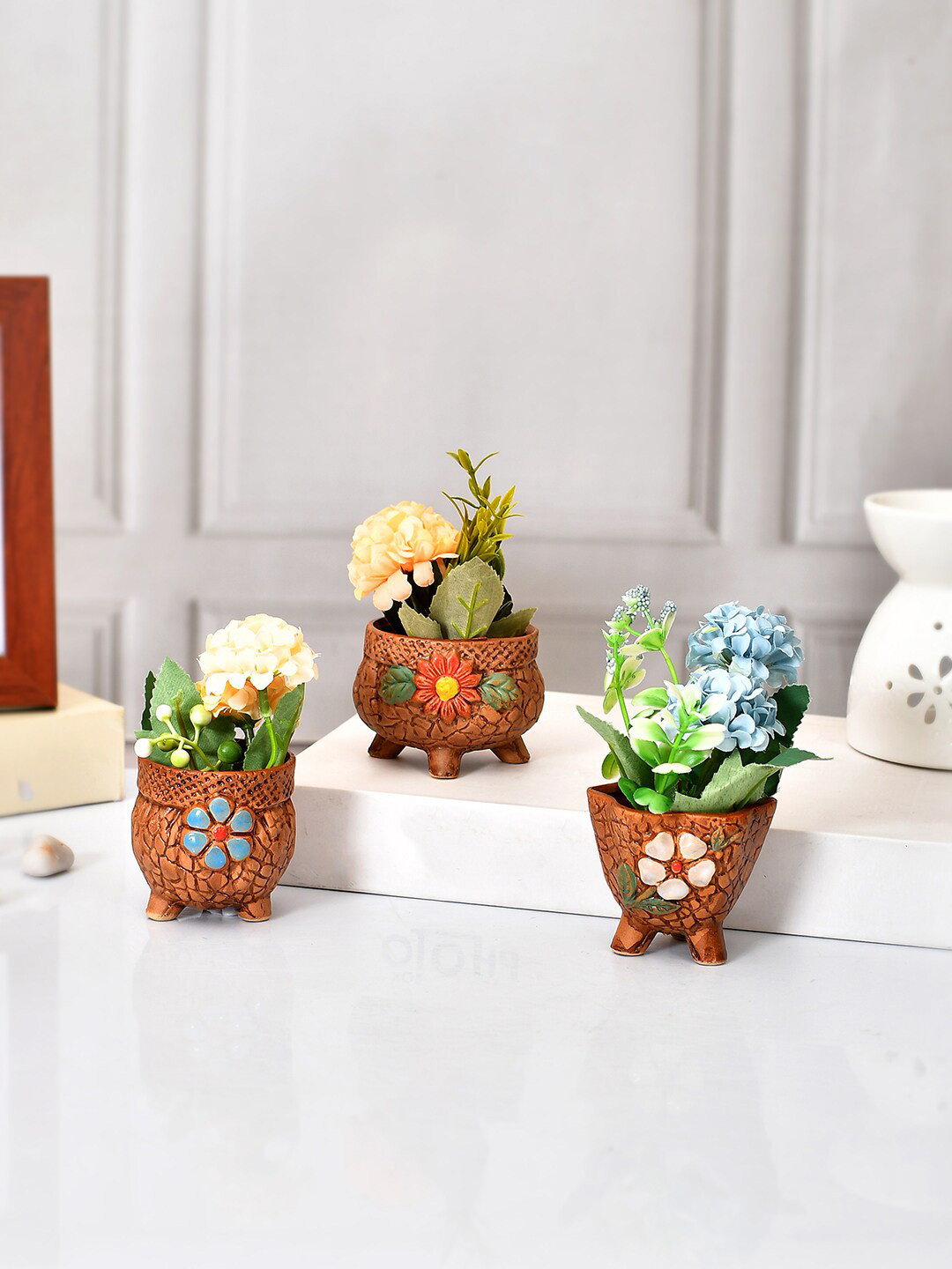 TAYHAA Brown 3 Pieces Textured Ceramic Planters