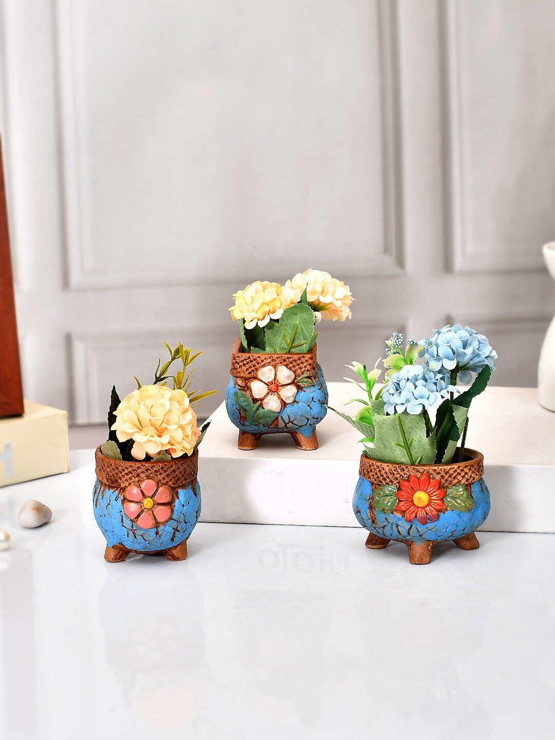 TAYHAA Blue & Brown 3 Pieces Painted Flower Design Enamel Ceramic Planters