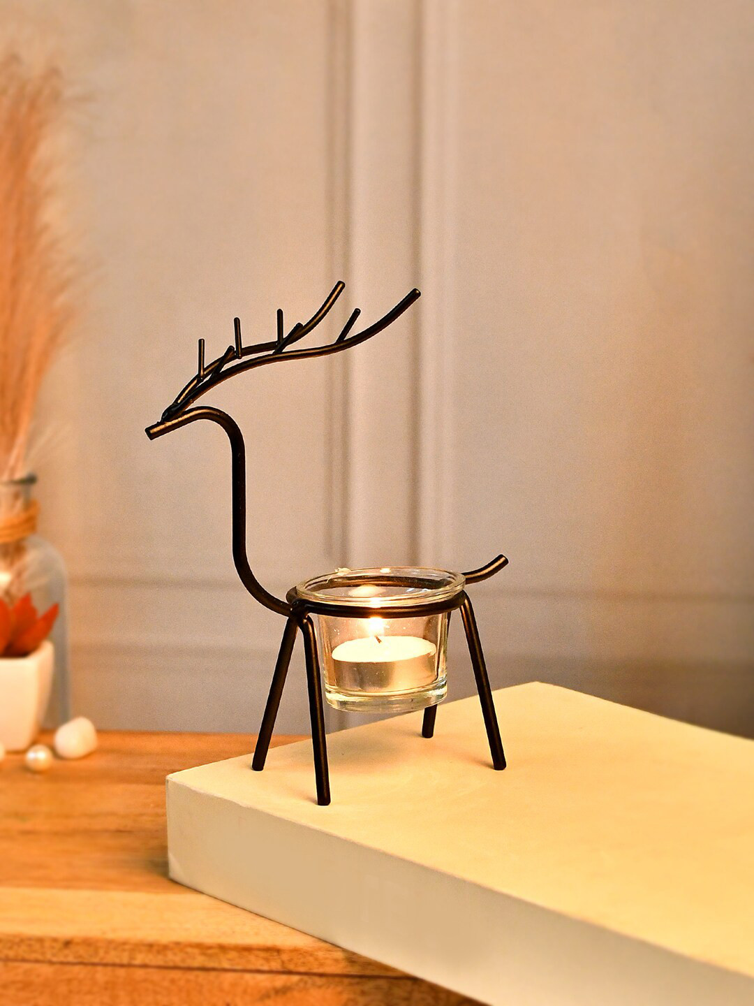 TAYHAA Black & Transparent Reindeer Tealight Candle Holder
