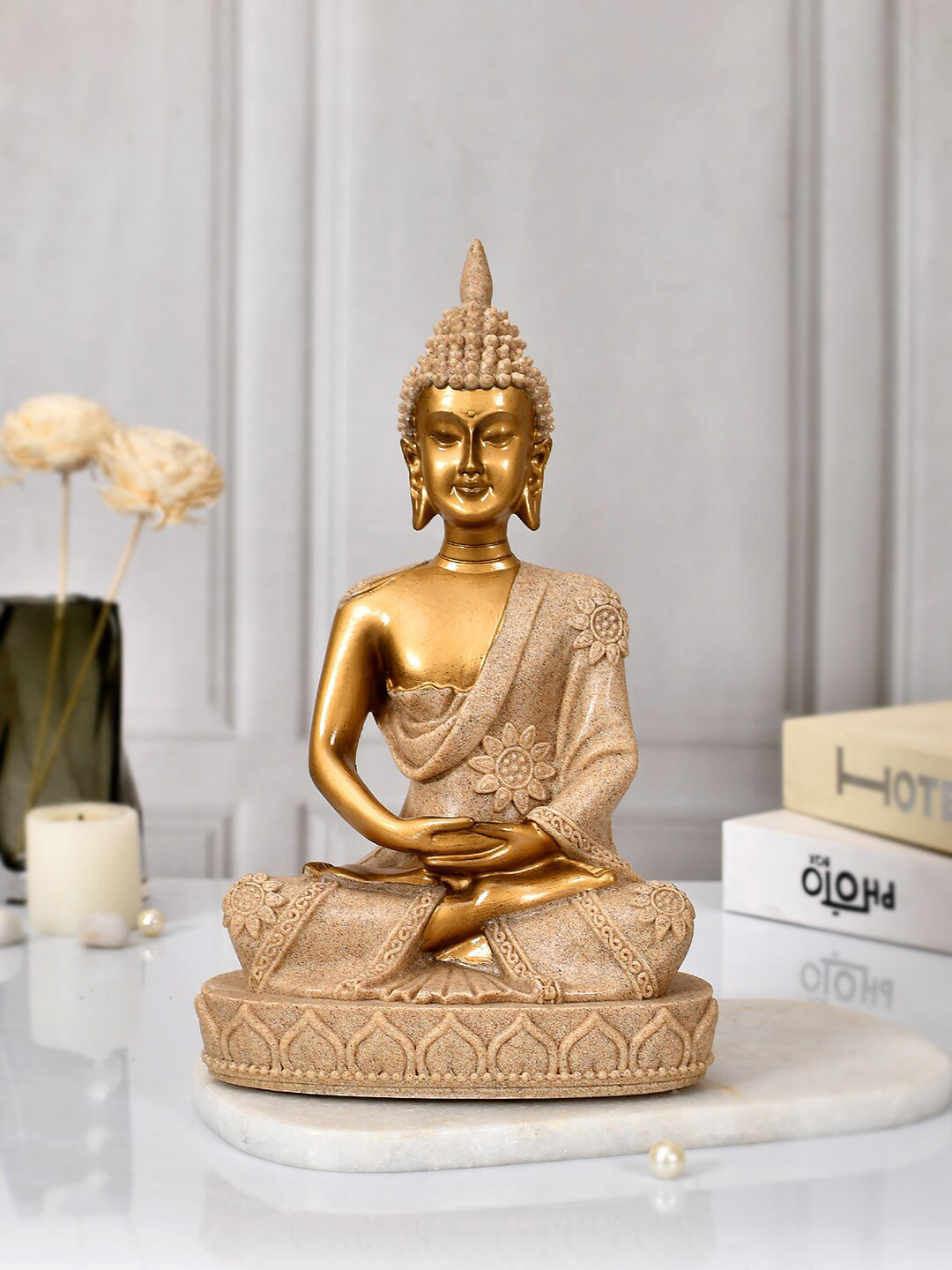 TAYHAA Eternal Wisdom Tranquility Buddha Gold Resin Glossy Bedroom Medium Showpiece - 10.2 Inches