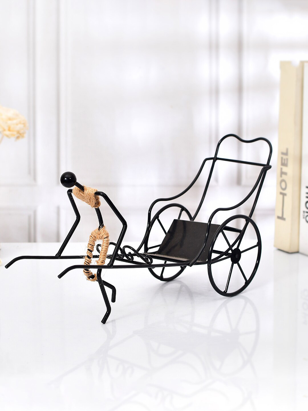 TAYHAA Human Rikshaw Bottle Holder Black Iron Metallic Living Room Small Showpiece - 4.5 Inches