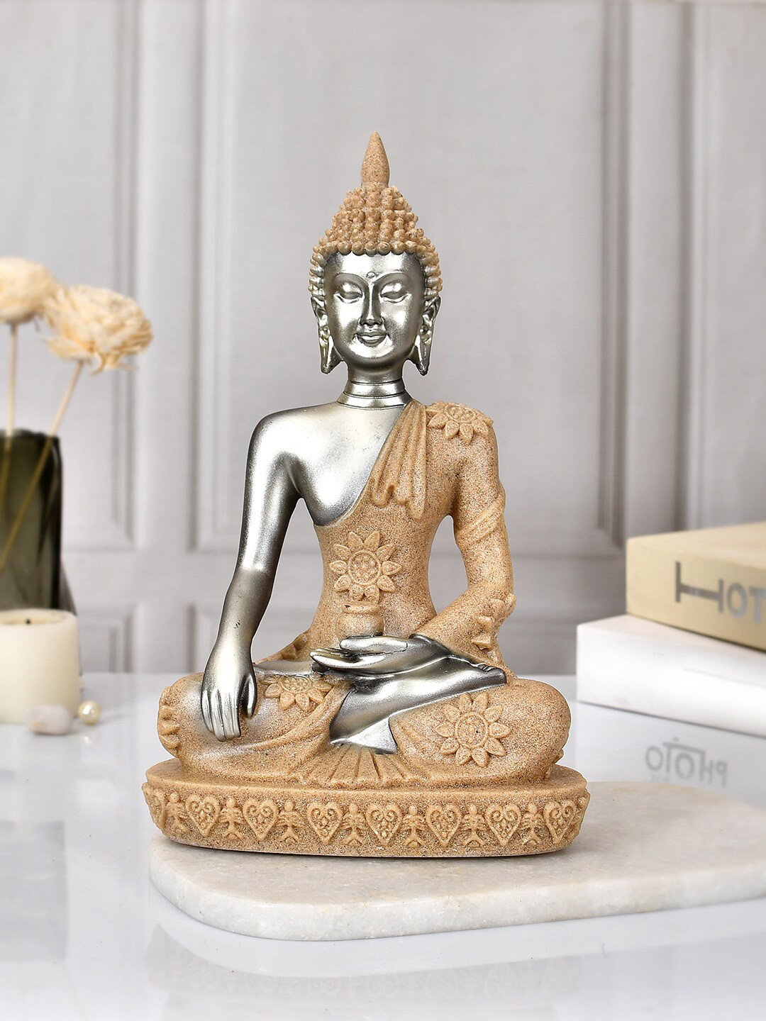 TAYHAA Meditative Serenity Buddha Silver Resin Matte Living Room Medium Showpiece - 10.8 Inches