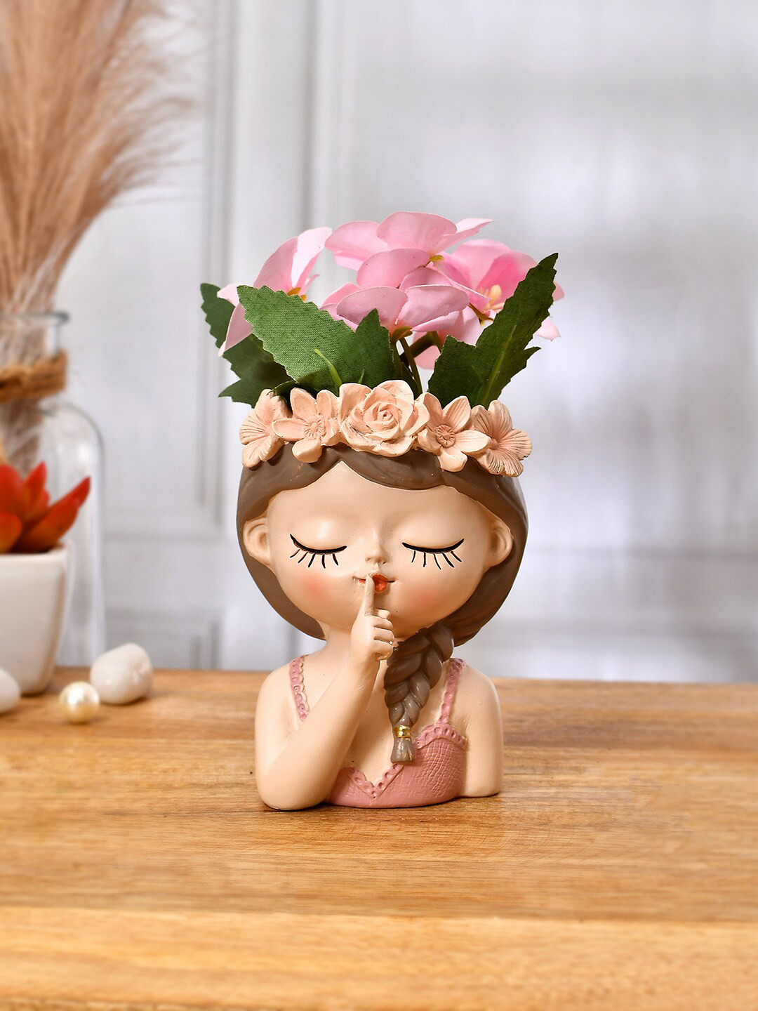 TAYHAA Cute Flower Girl Head Pink Resin Matte Living Room Small Showpiece - 4.1 Inches