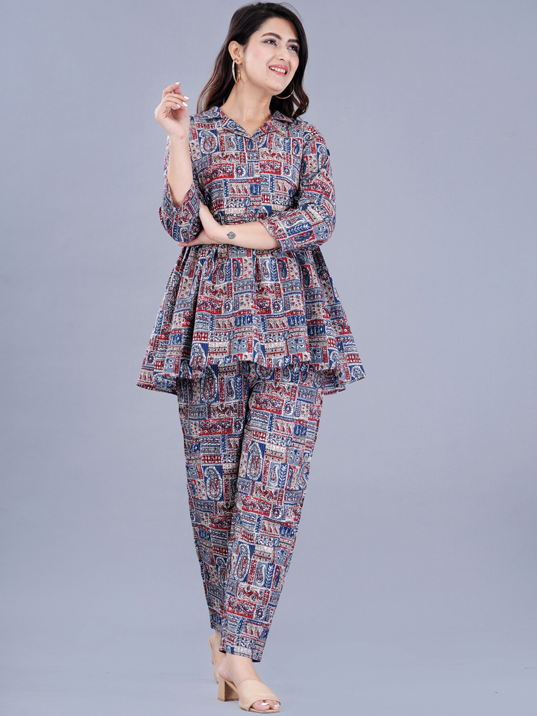 ao services Ethnic Motifs Printed Empire Pure Cotton Top With Palazzos